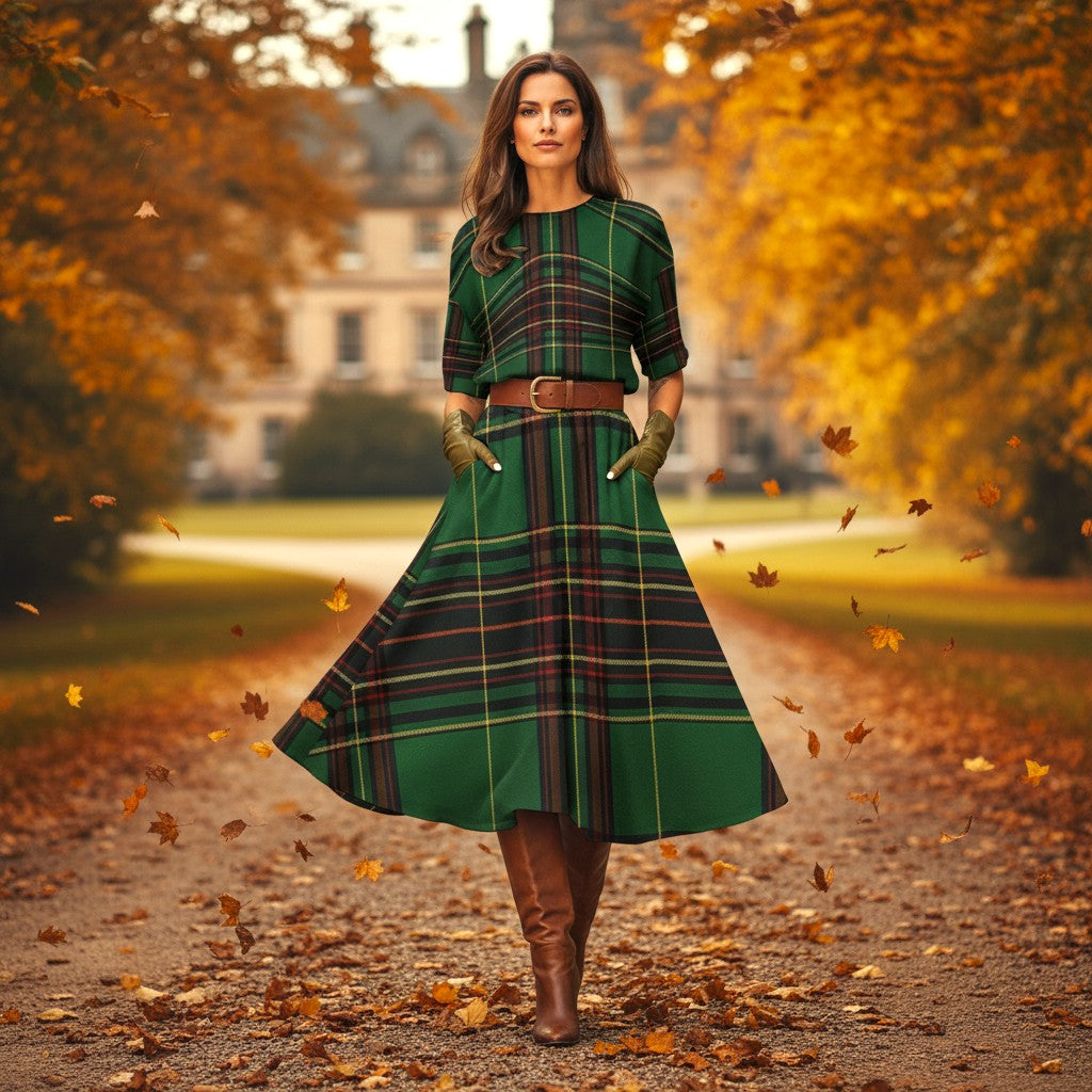 Cramond Tartan – Round Neck Short Sleeve Midi Dress | Elegant Plaid Style | XS–7XL - Angelic Blessings