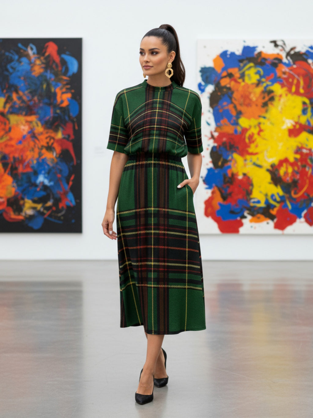 Cramond Tartan Short Sleeve Midi Dress Scottish herritage Dress in green plaid worn by model in gallery setting
