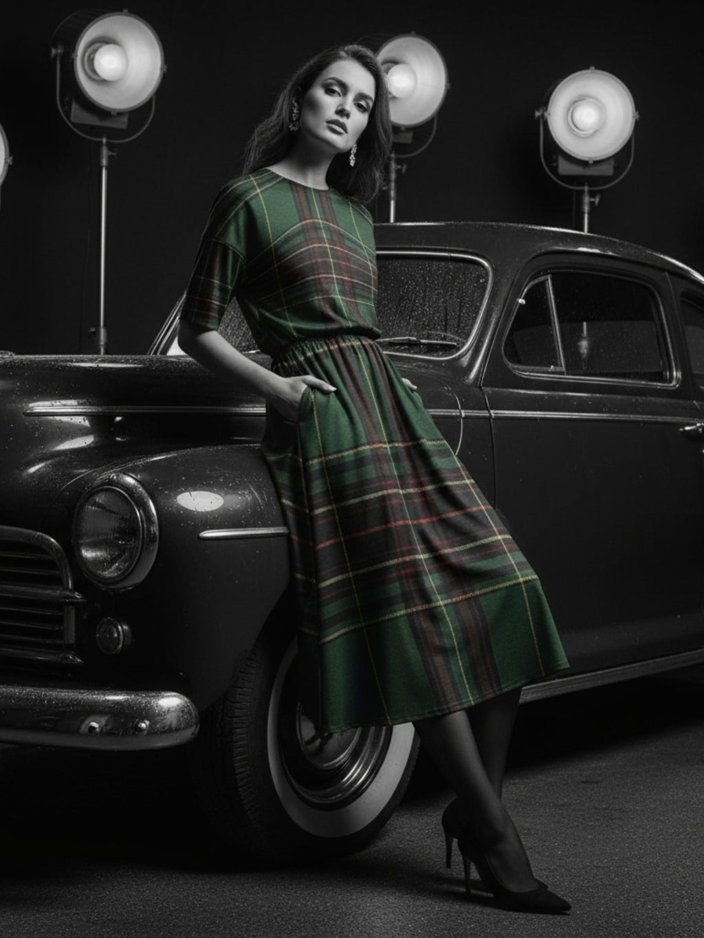 Cramond Tartan Short Sleeve Midi Dress Scottish herritage Dress in green plaid from Angelic Blessings Shop worn by woman
