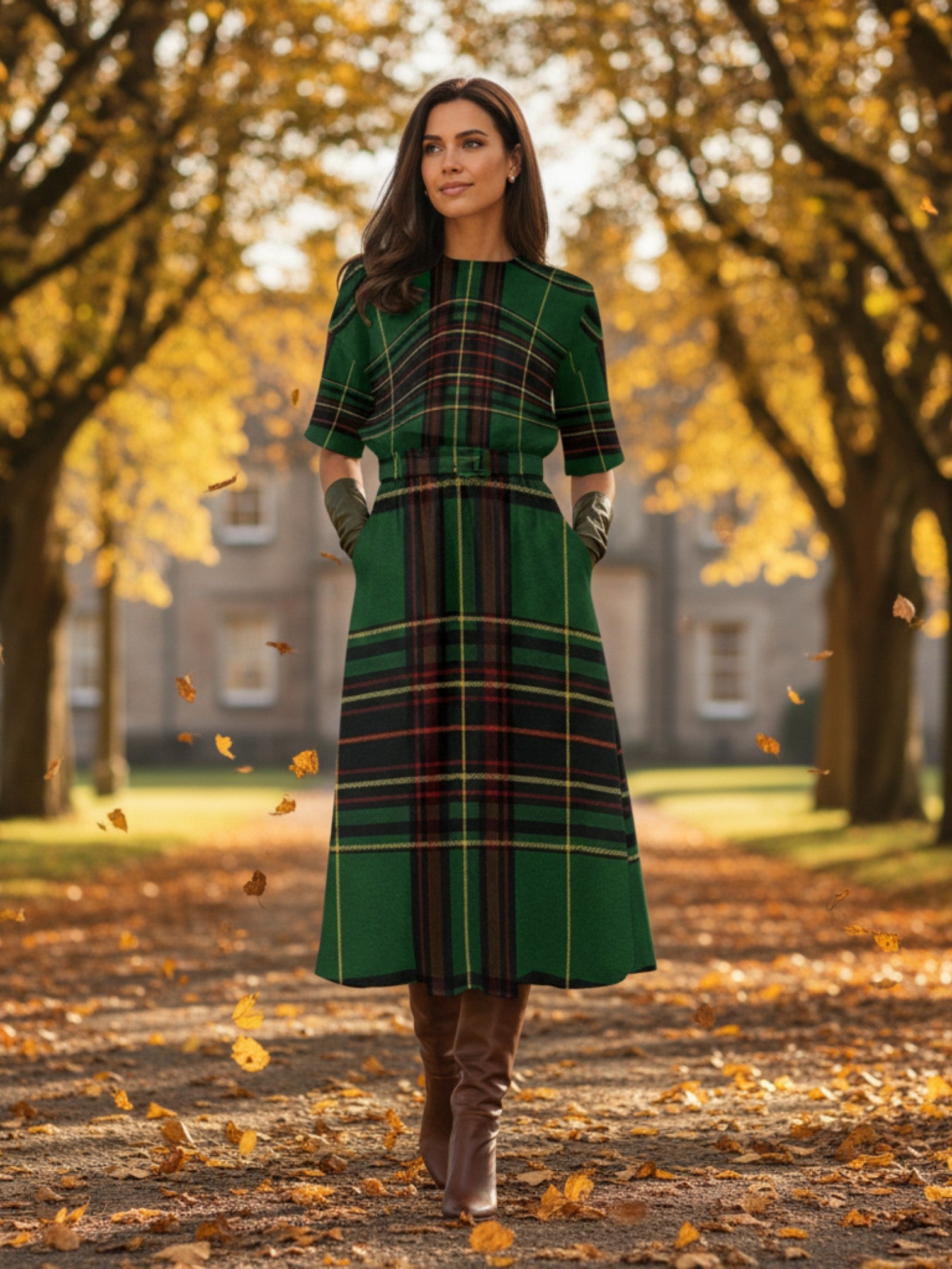Cramond Tartan Short Sleeve Midi Dress Scottish herritage Dress in green plaid worn outdoors with autumn leaves
