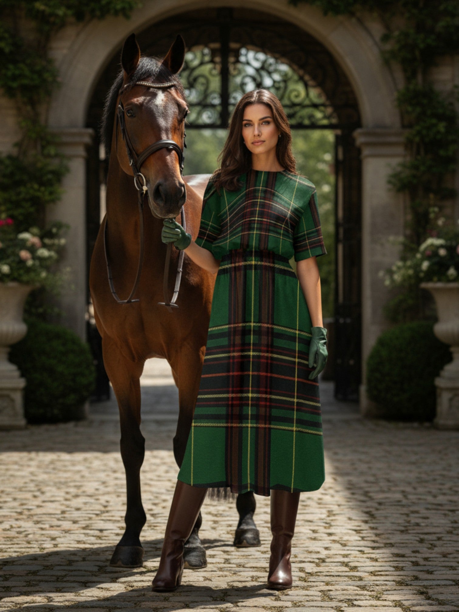 Woman wearing Cramond Tartan Short Sleeve Midi Dress Scottish herritage Dress standing with brown horse outdoors