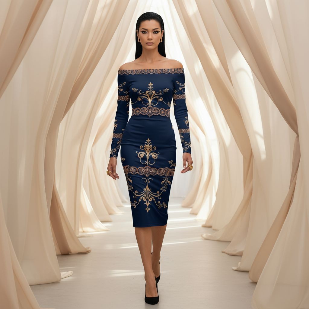 Elegant off the shoulder wrap dress navy blue midi with gold embroidery by Angelic blessings shop