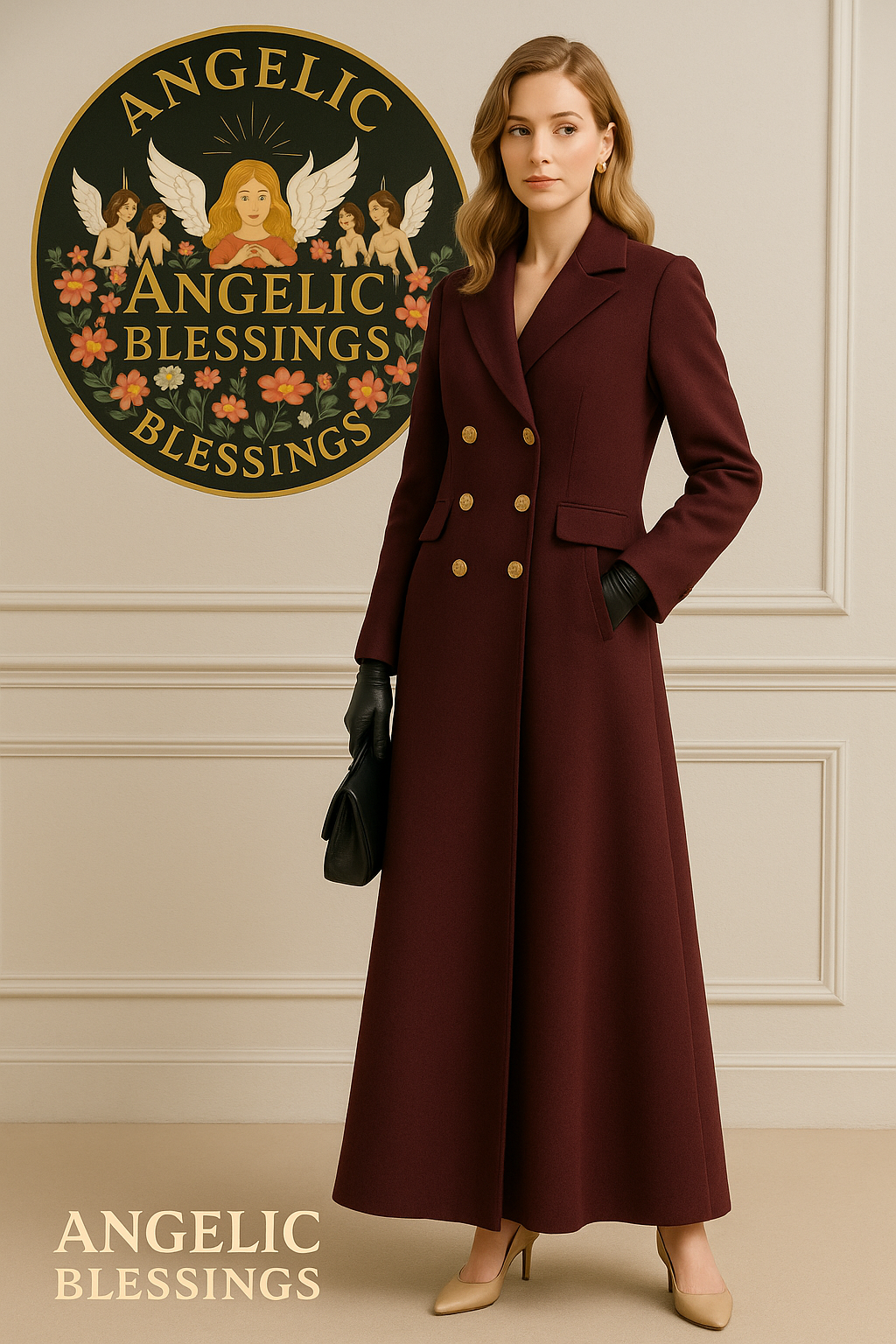 Luxury burgundy trench coat women double-breasted with long fit and gold buttons