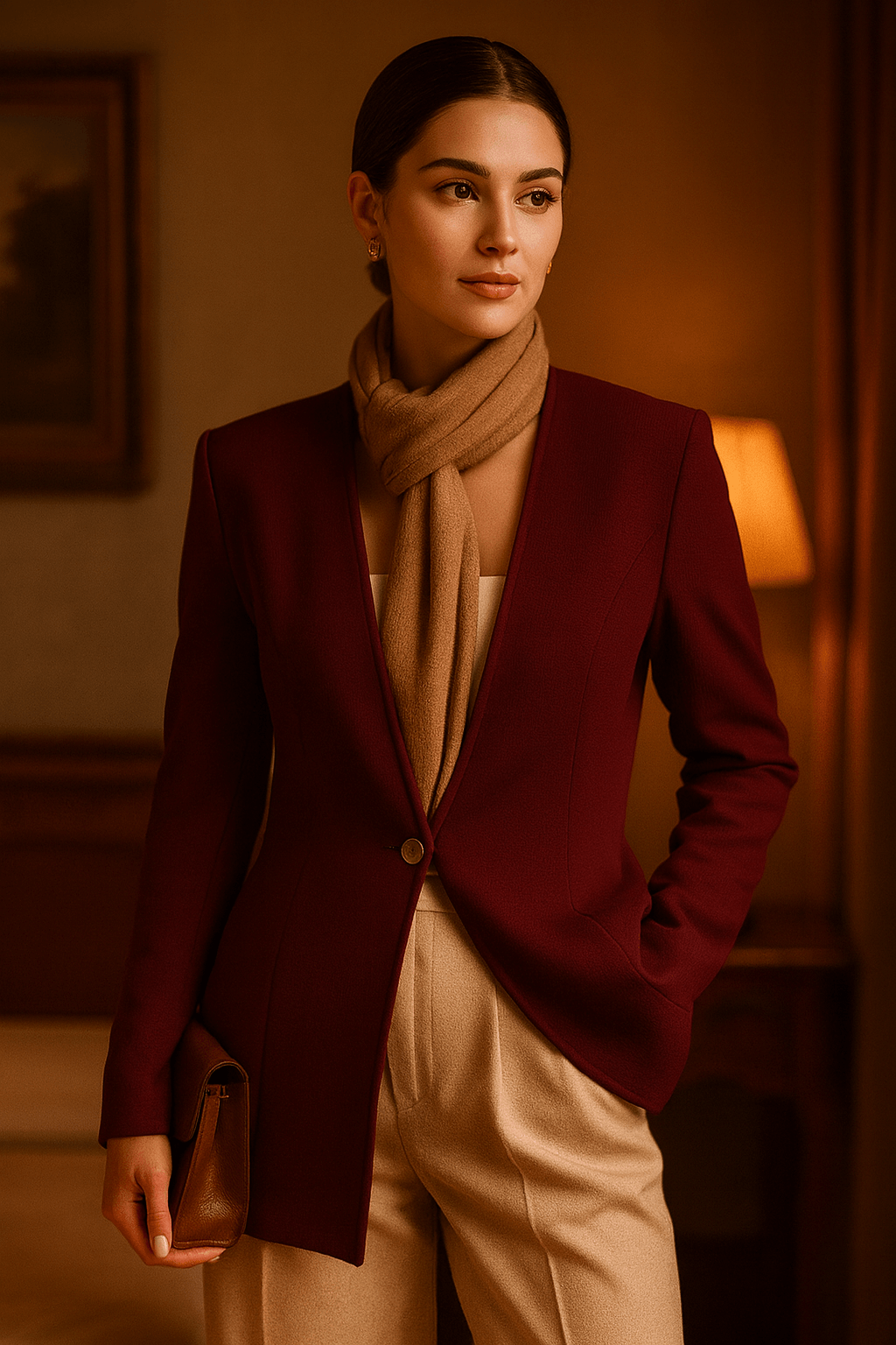 Model wearing burgundy blazer styled with camel trousers and scarf – old money autumn look