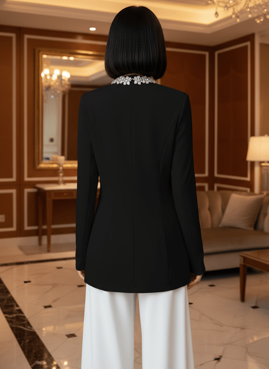 Back view of black tailored blazer showing structured silhouette and long sleeves