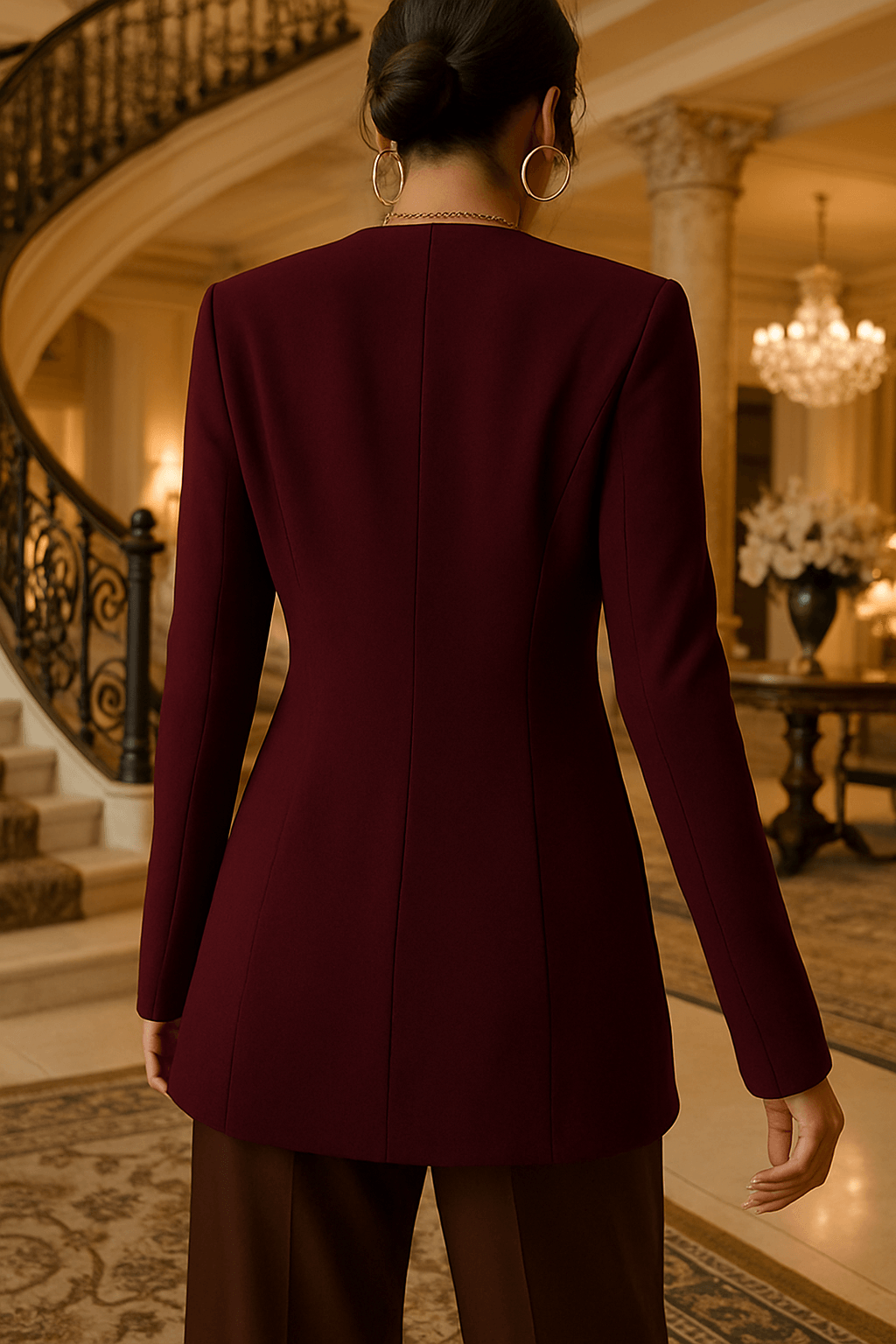 Back view of burgundy luxury blazer – tailored slim cut with elegant lapel design