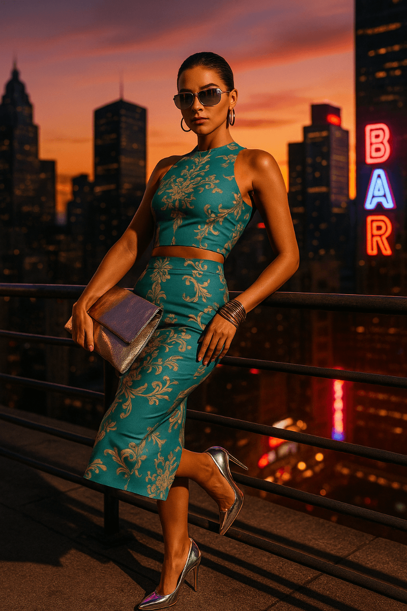 Aqua blue Baroque Co-Ord Set-XS-2XL elegant evening outfit with gold pattern and stylish fit
