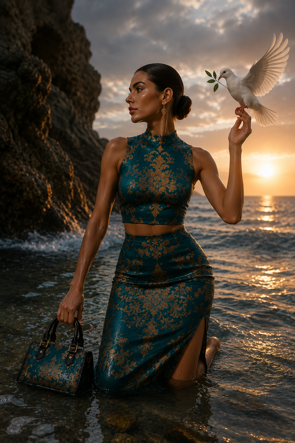 Aqua blue Baroque Co-Ord Set-XS-2XL elegant evening outfit with intricate design and slit skirt