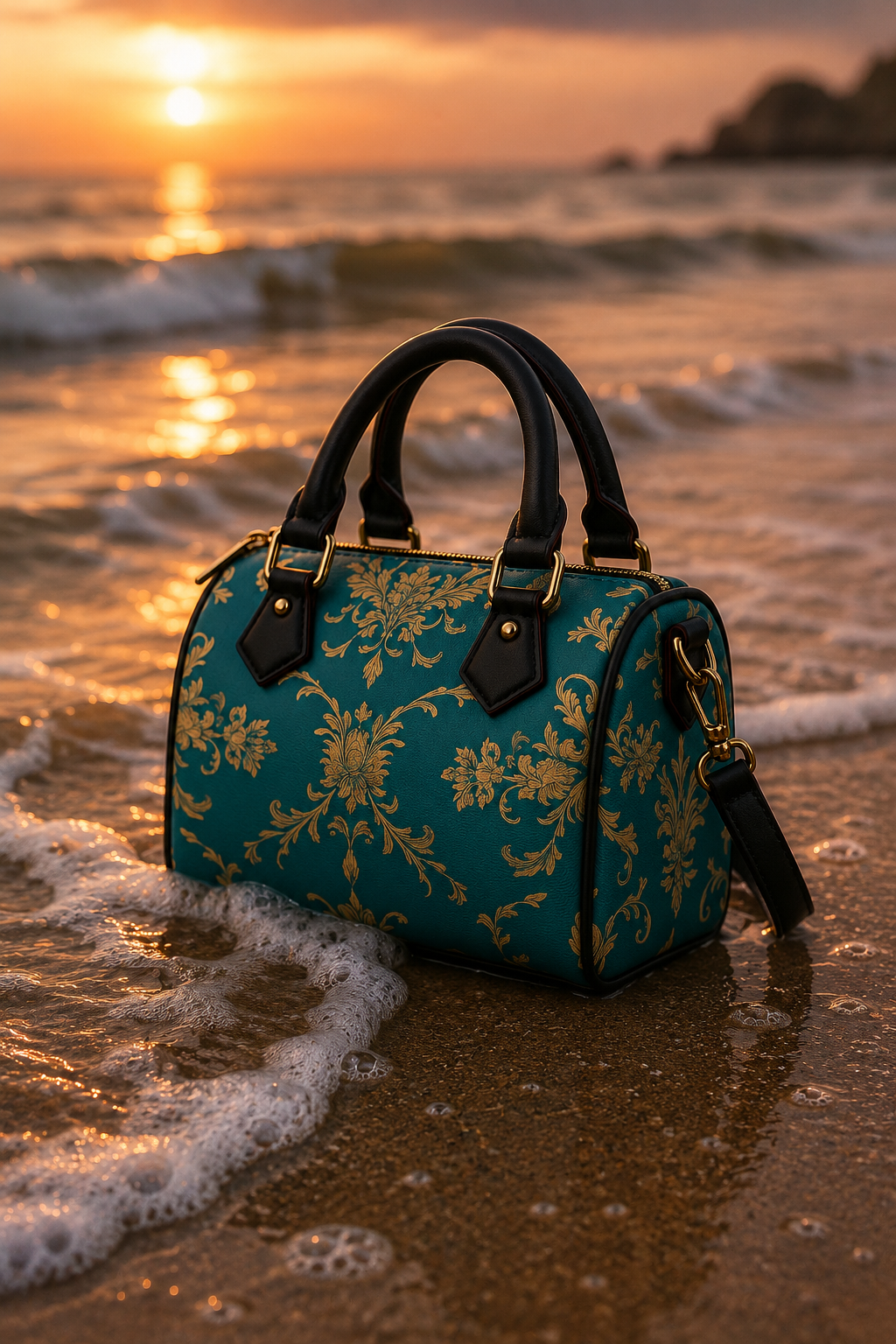 Aqua Blue Baroque leather mini crossbody bag elegant evening outfit beach sunset