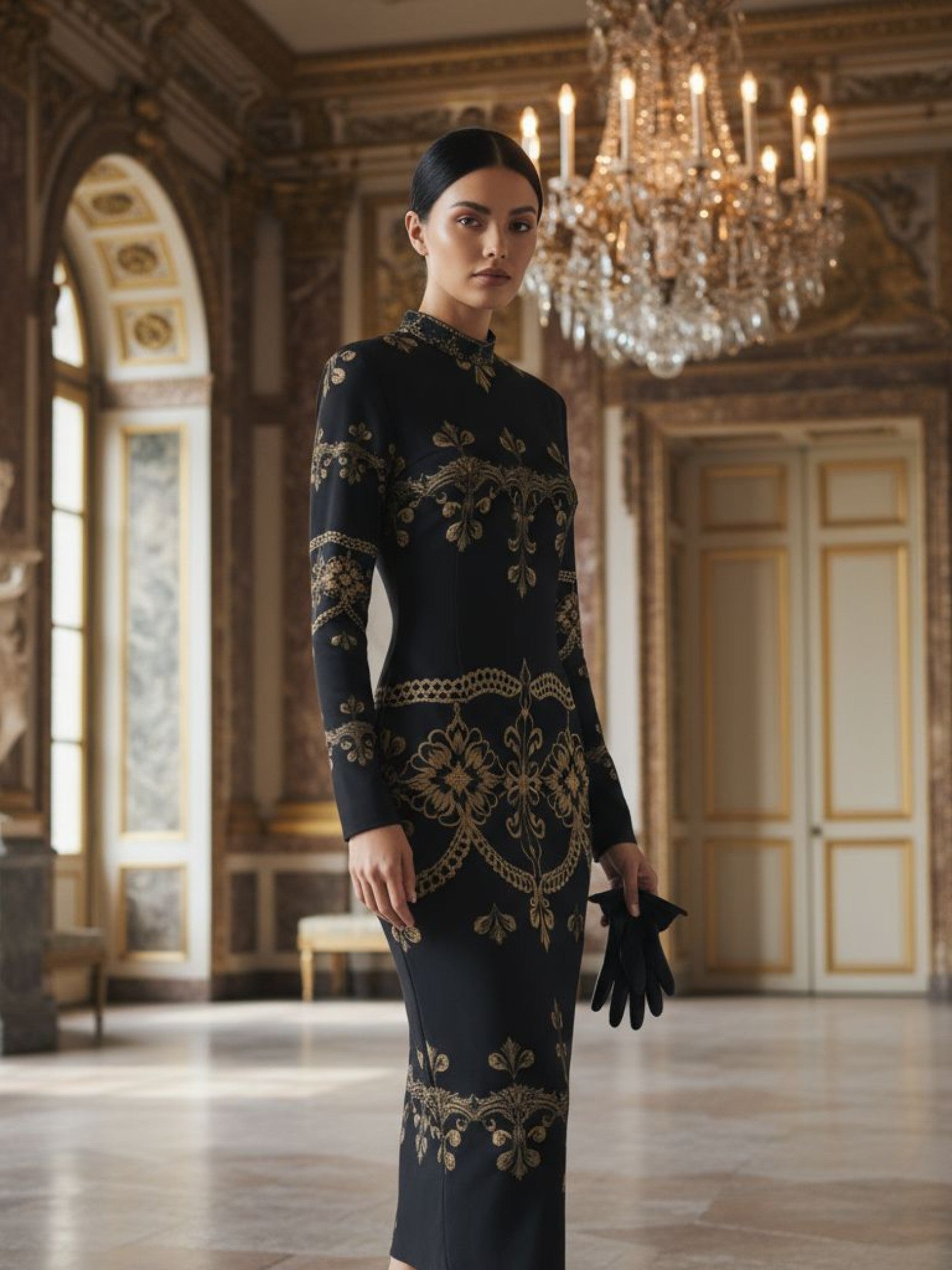 Aurum Veil – Baroque Lace High Neck Midi Dress | Elegant Two-Way Zipper Design | S–2XL - Angelic Blessings