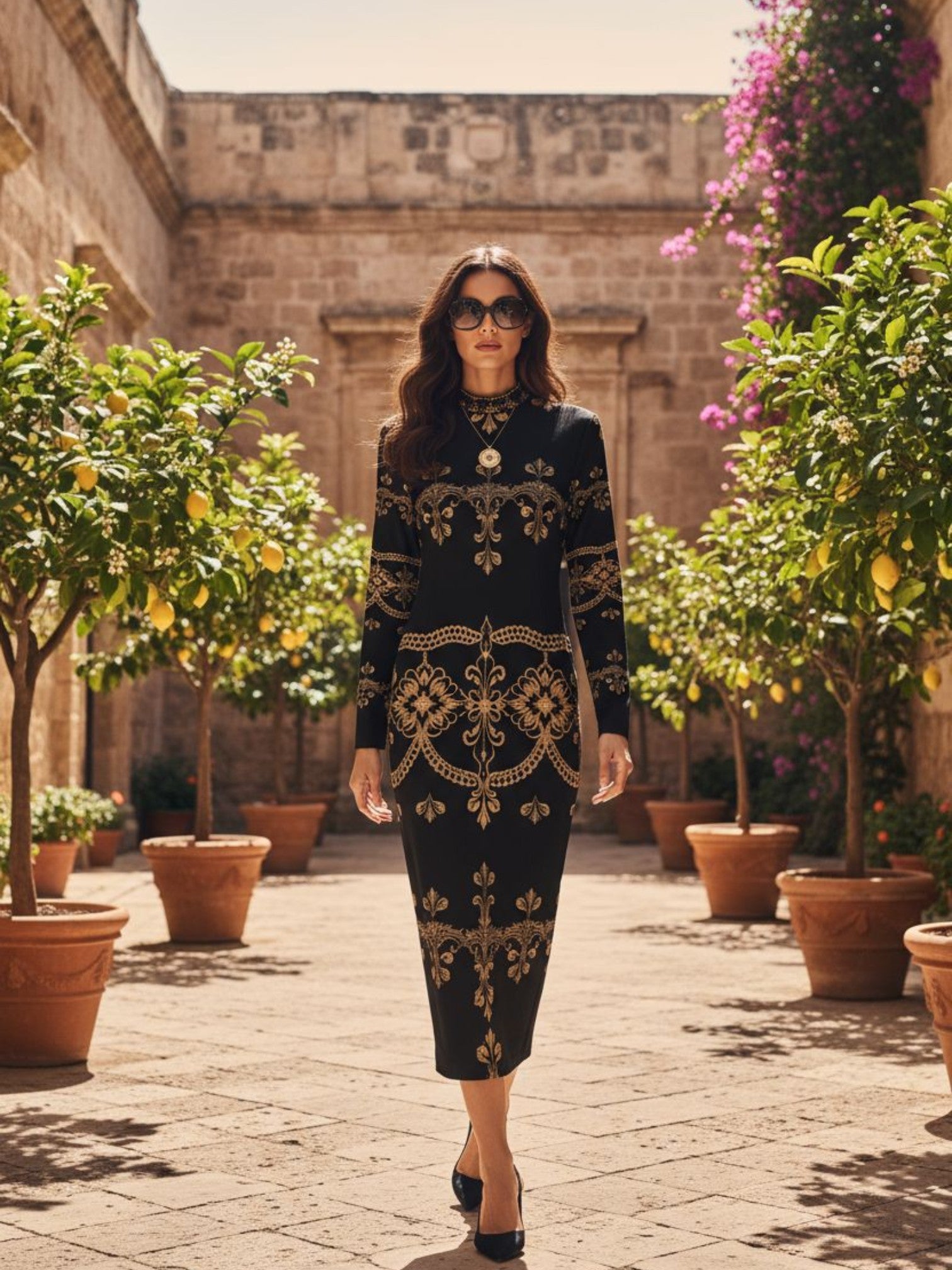 Aurum Veil – Baroque Lace High Neck Midi Dress | Elegant Two-Way Zipper Design | S–2XL - Angelic Blessings