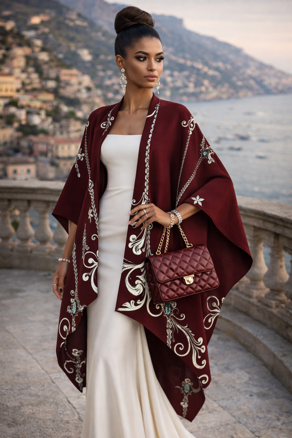 Barogue burgundy shawl elegant evening outfit printed  details luxury