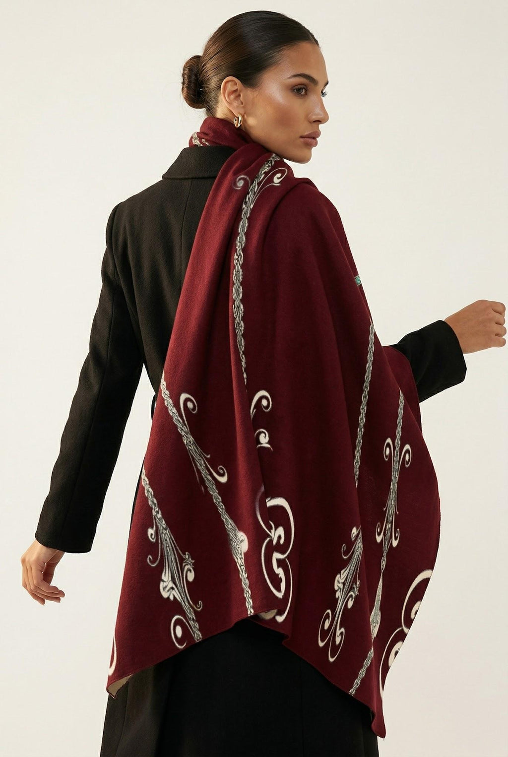 Barogue burgundy shawl elegant evening outfit with intricate white patterns
