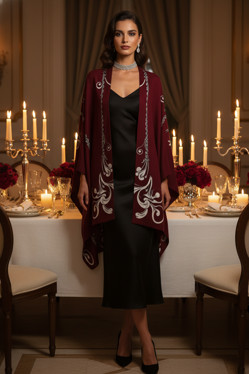 Barogue burgundy shawl elegant evening outfit with intricate white print