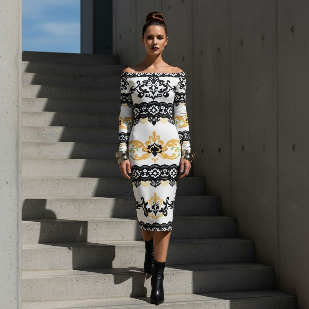 Baroque lace black and gold wrap dress styled with gold jewelry and clutch.