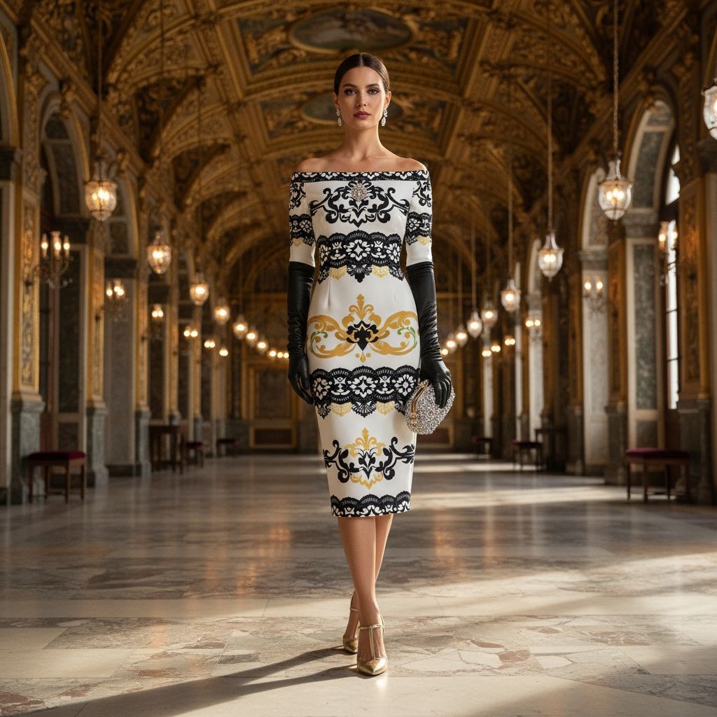 Baroque-inspired off-shoulder black and gold wrap midi dress with statement accessories.