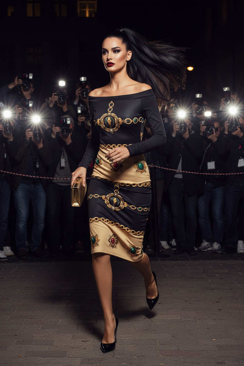 Baroque Bodycon Black and Gold Bodycon Dress Elegant Evening Outfit Fashionable Look