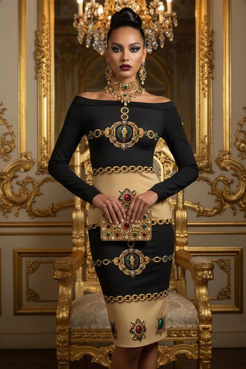 Baroque Bodycon Black and Gold Bodycon Dress Elegant Evening Outfit with Gold Chain Details