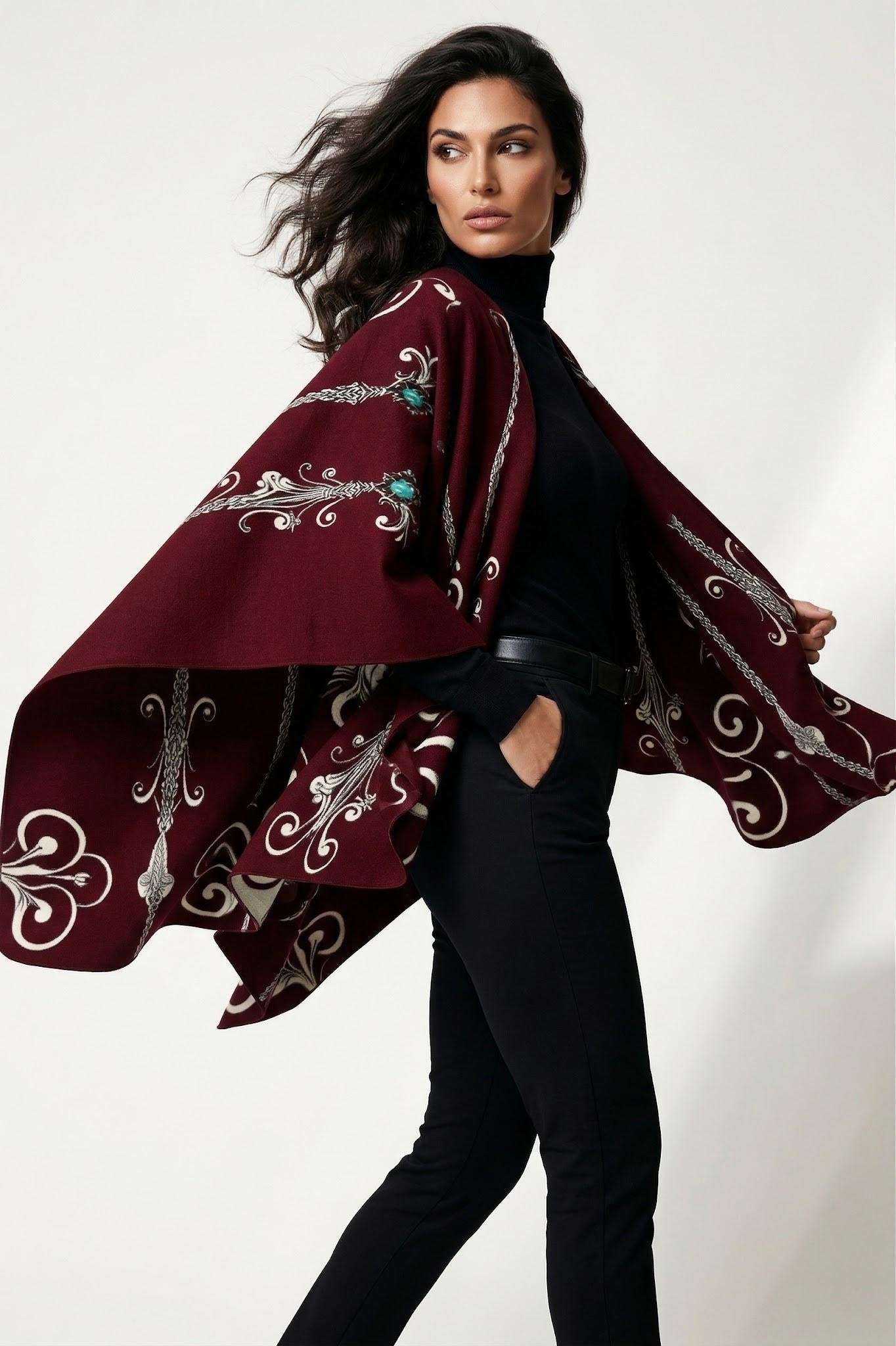 Barogue burgundy shawl elegant evening outfit with intricate printed design