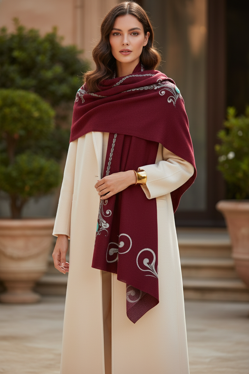 Barogue Burgundy Shawl Elegant Evening Outfit Stylish Detailed Design