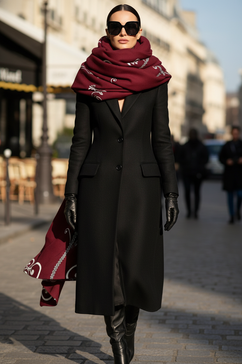 Barogue burgundy shawl with elegant evening outfit for sophisticated style