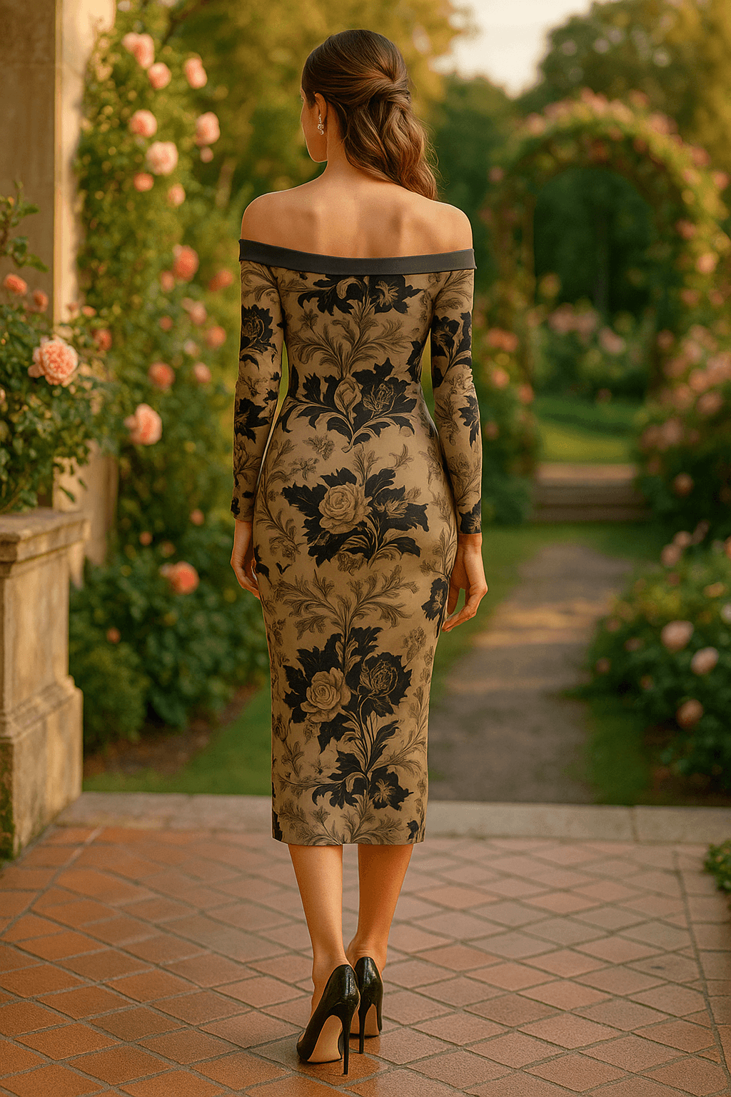 Back view of a woman wearing a baroque floral midi dress with off-shoulder design from Angelic Blessings Shop