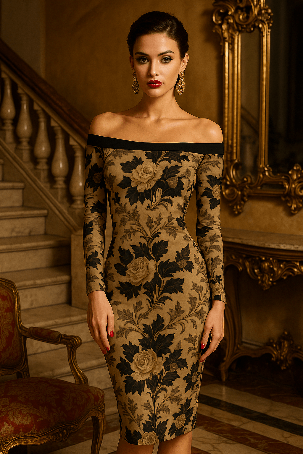 Luxury baroque floral midi dress with off-shoulder design and long sleeves from Angelic Blessings Shop