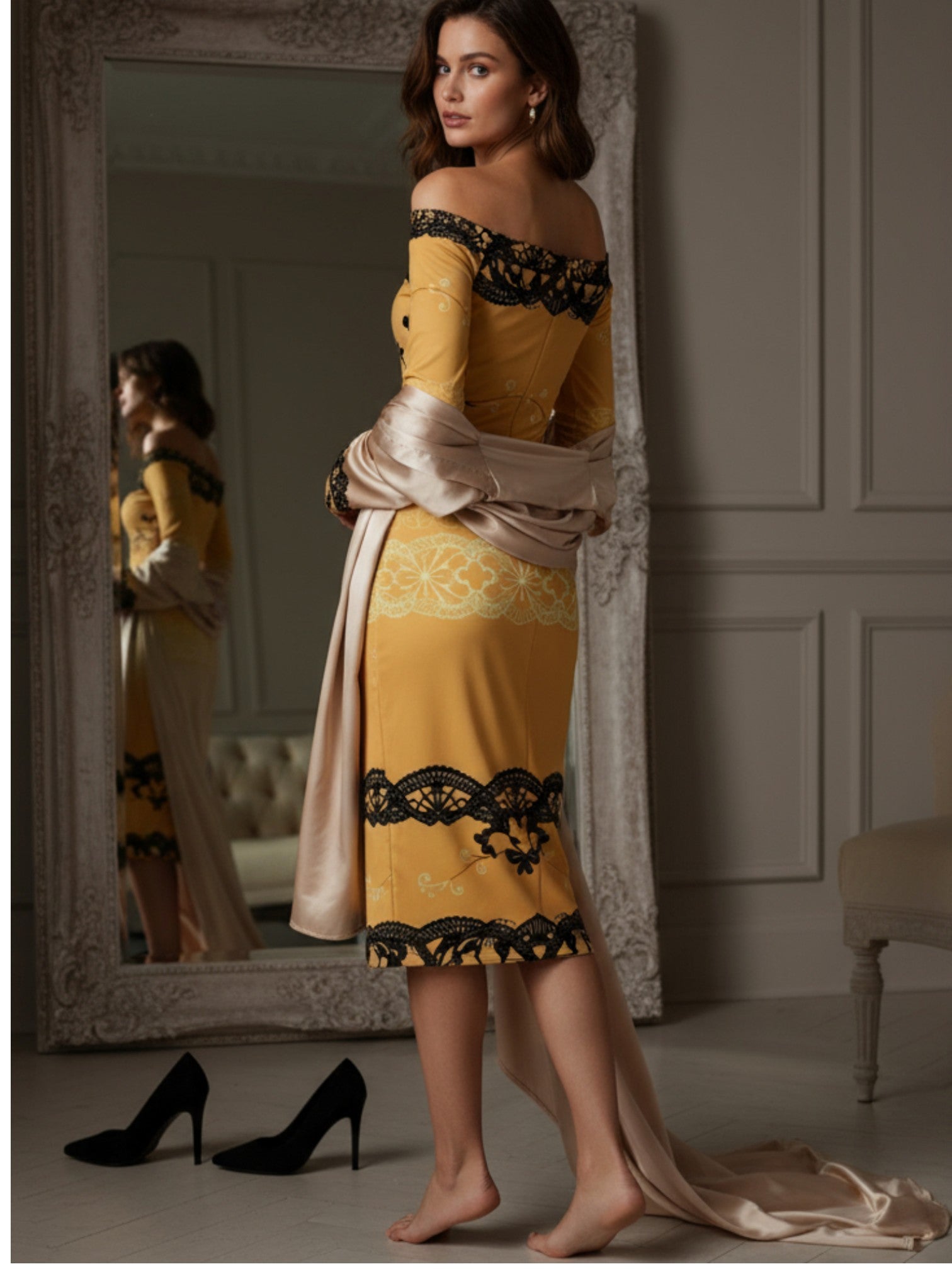 Woman wearing baroque inspired cocktail dress for women in yellow with black lace details from Angelic Blessings Shop