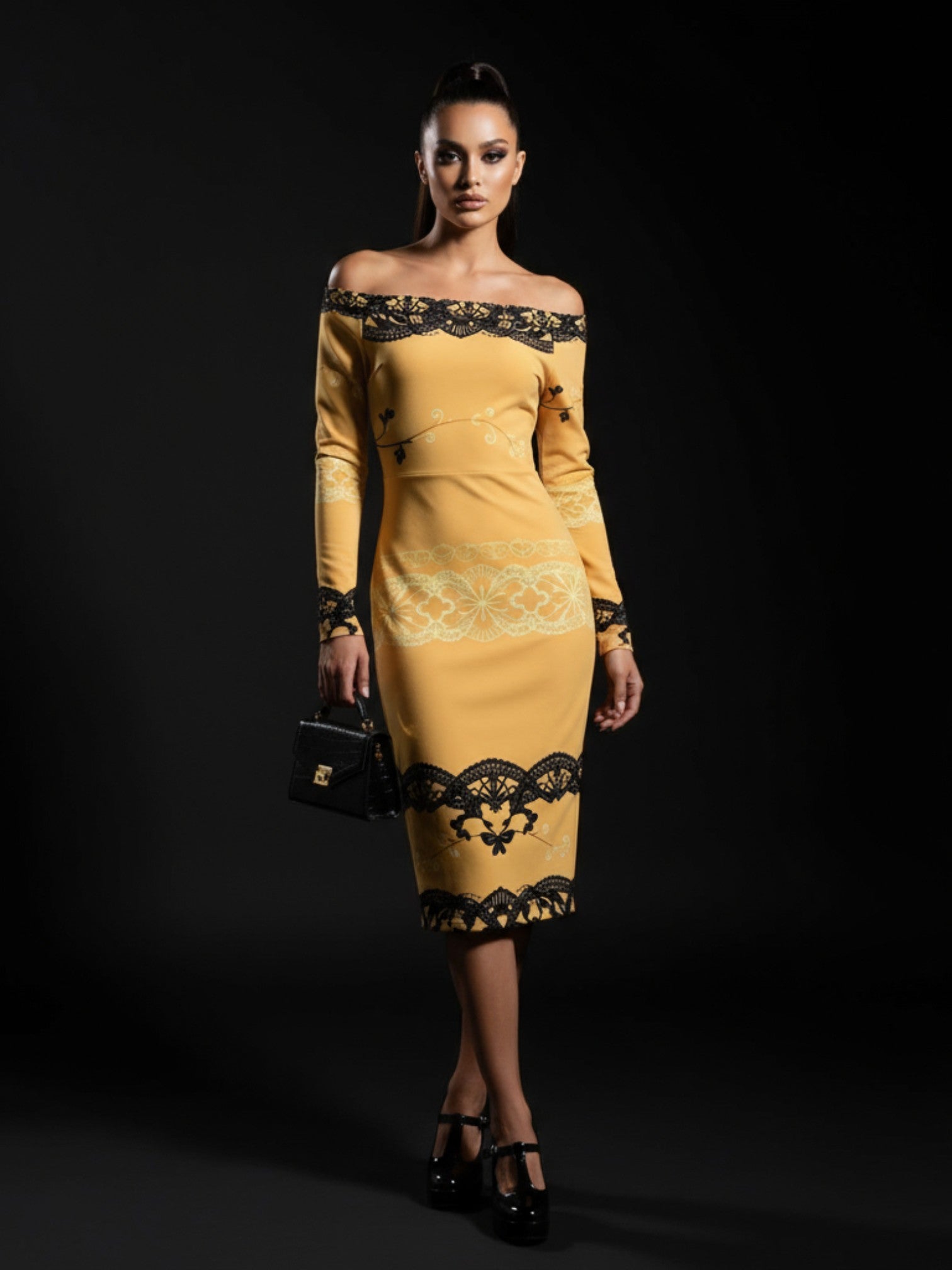 Baroque inspired cocktail dress for women in gold with black lace details, off-shoulder design by Angelic Blessings Shop