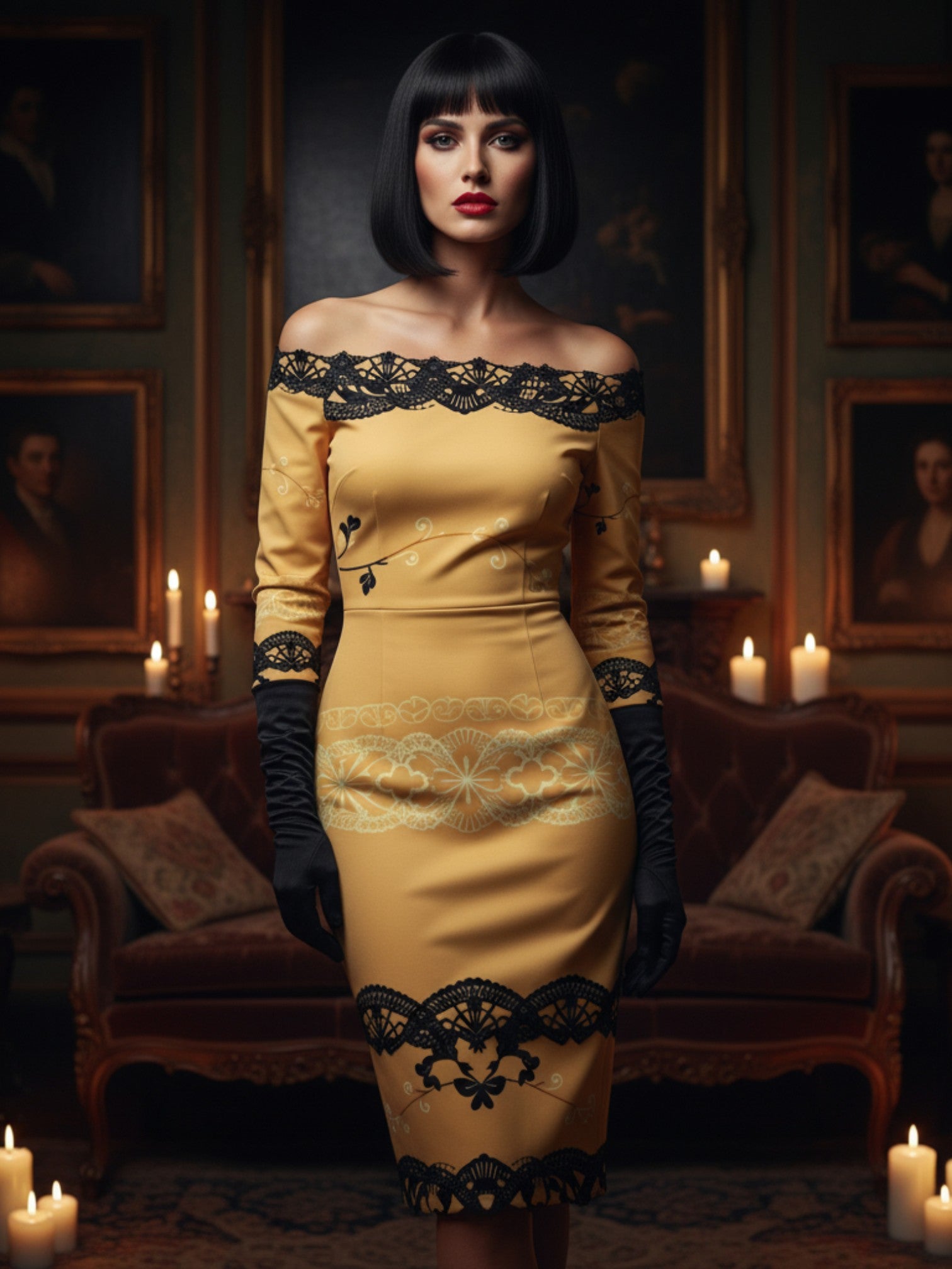 Baroque inspired cocktail dress for women in gold with black lace details and off-shoulder style