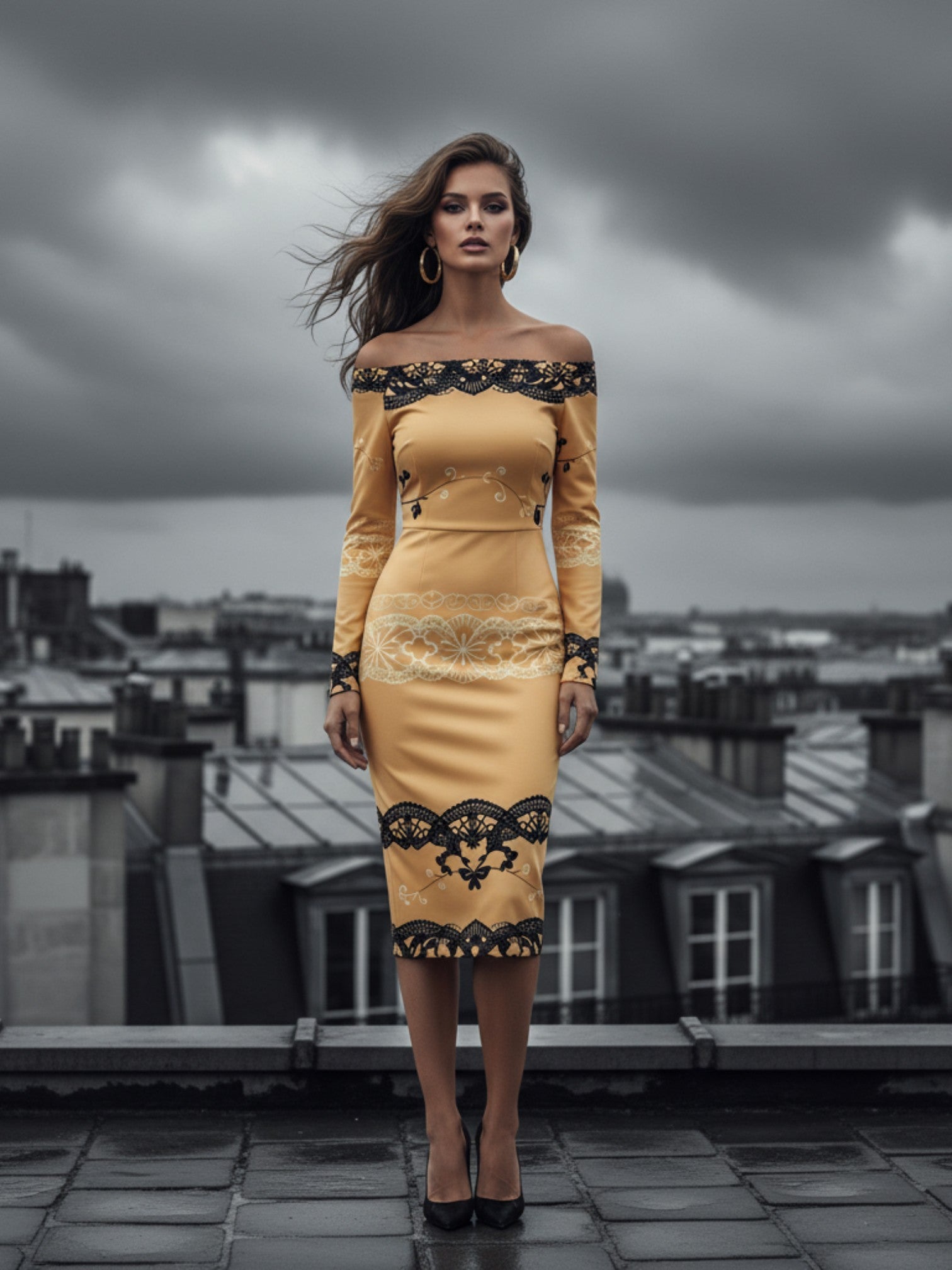 Woman wearing a baroque inspired cocktail dress for women in gold with black lace details
