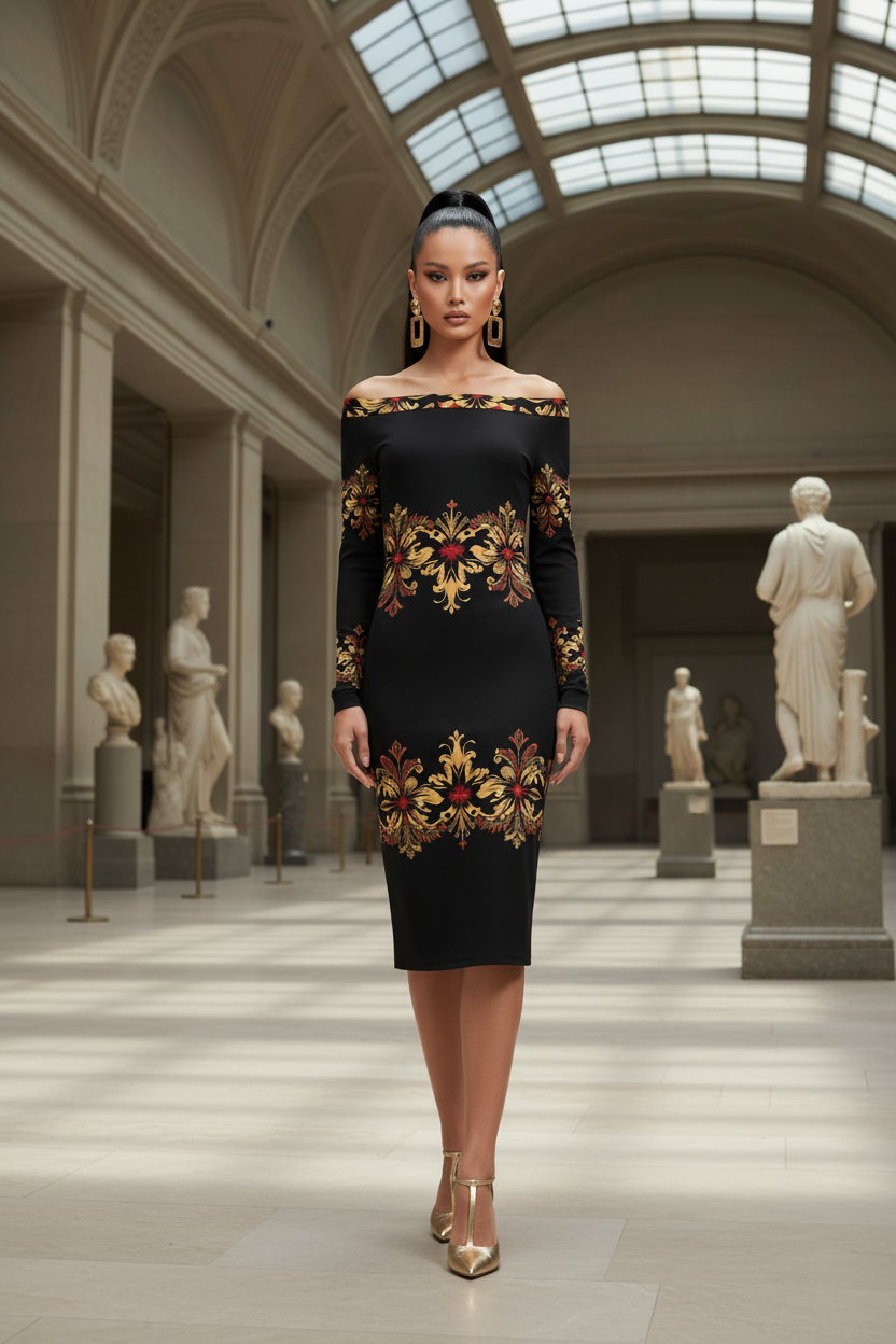 High-fashion Vogue-style editorial featuring Baroque Muse black and gold off-shoulder midi dress