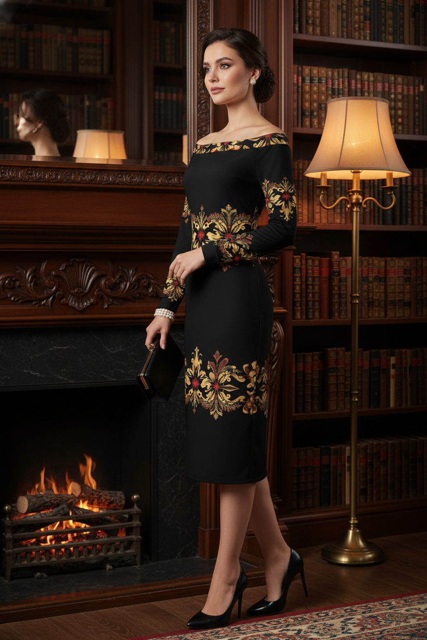 Back view of Baroque Muse off-shoulder midi dress in black and gold, elegant long sleeve baroque print silhouette