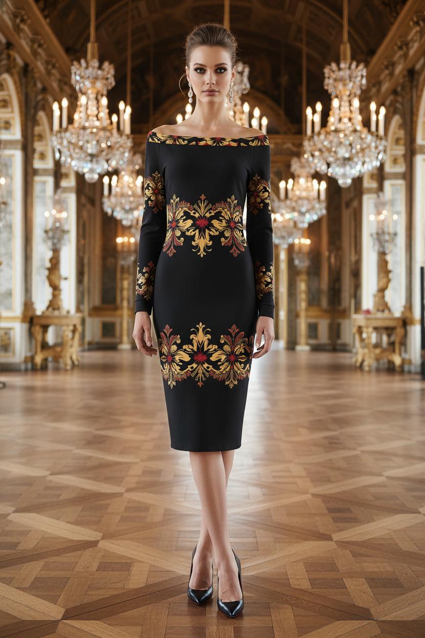 Baroque Muse off-shoulder black and gold midi dress, long sleeve elegant baroque print dress front view