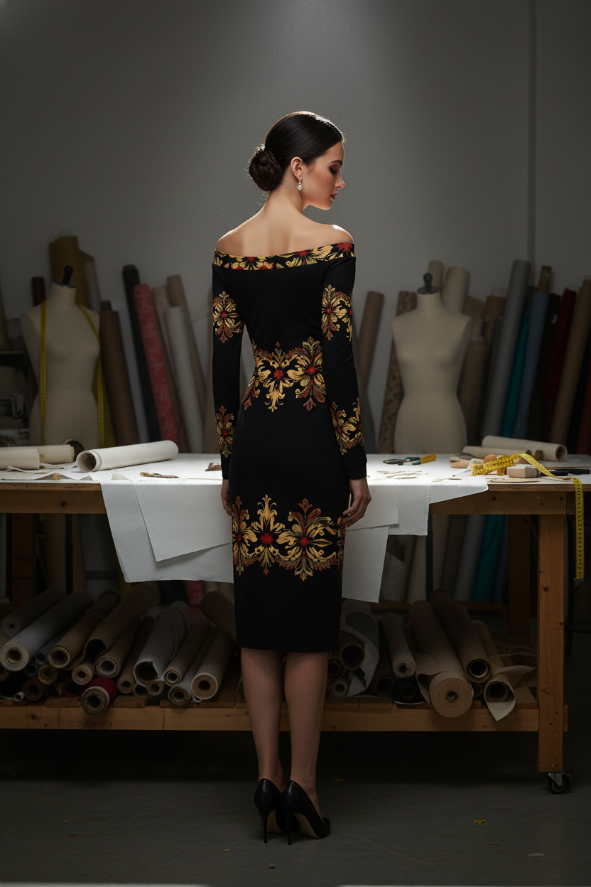 Side view of Baroque Muse off-shoulder black and gold midi dress, long sleeve baroque motif