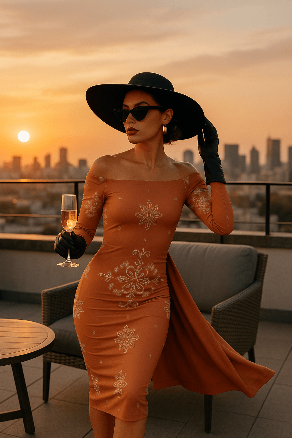 Woman wearing baroque off shoulder midi dress in rust color with floral patterns at sunset rooftop party