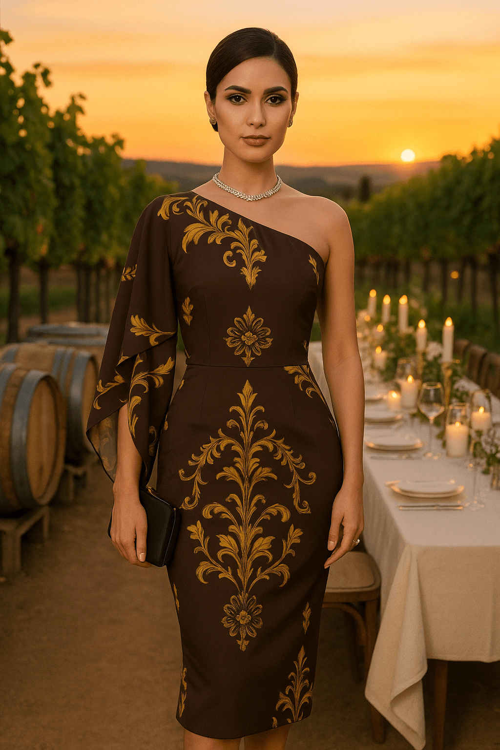 Angelic Blessings Shop baroque one shoulder midi dress in brown with gold floral pattern at sunset