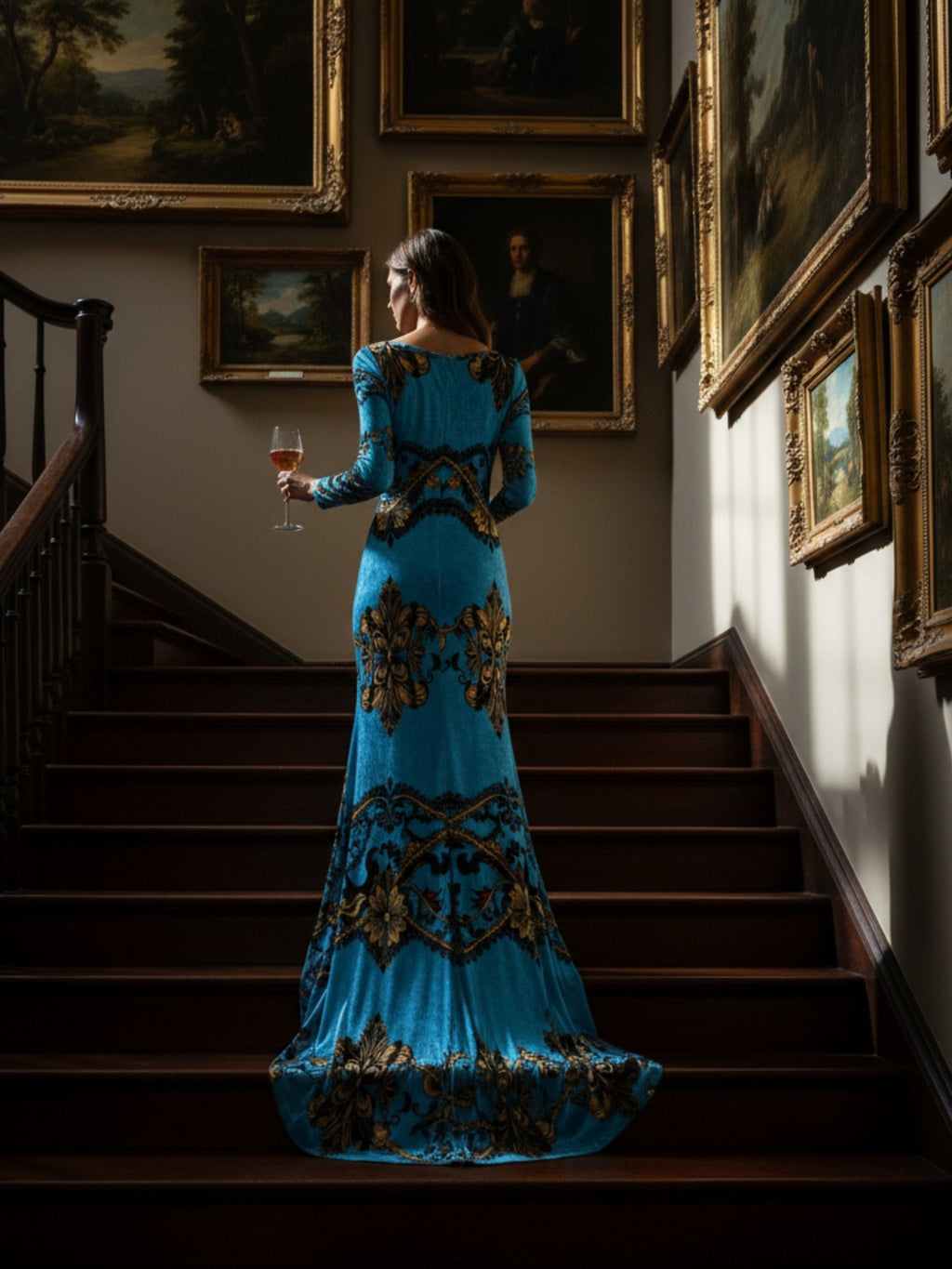 Angelic Blessings Shop baroque print velvet maxi dress in blue with gold detailing worn on staircase