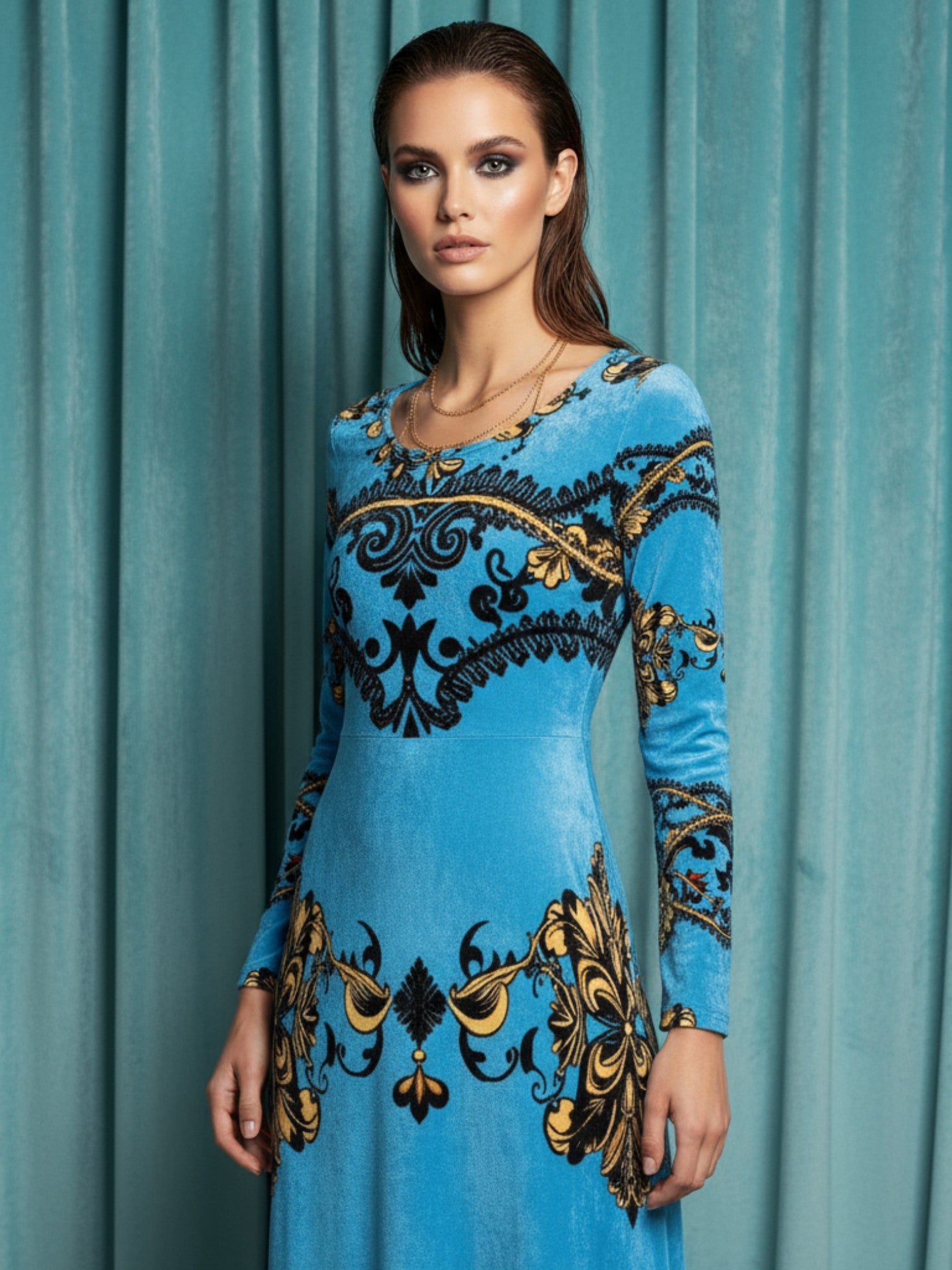 Angelic Blessings Shop blue baroque print velvet maxi dress with long sleeves and ornate gold detailing