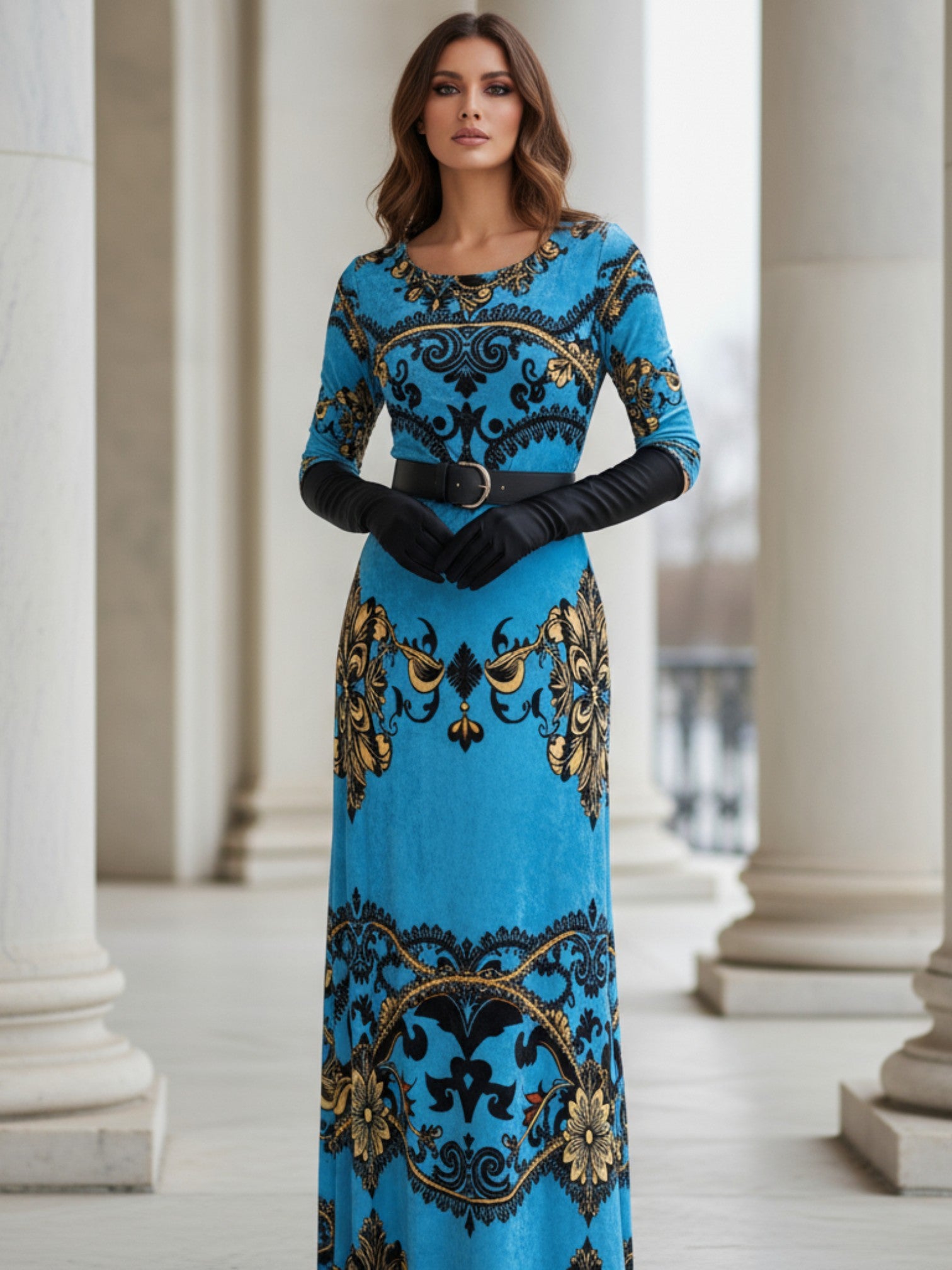 Blue baroque print velvet maxi dress with long sleeves and black belt from Angelic Blessings Shop