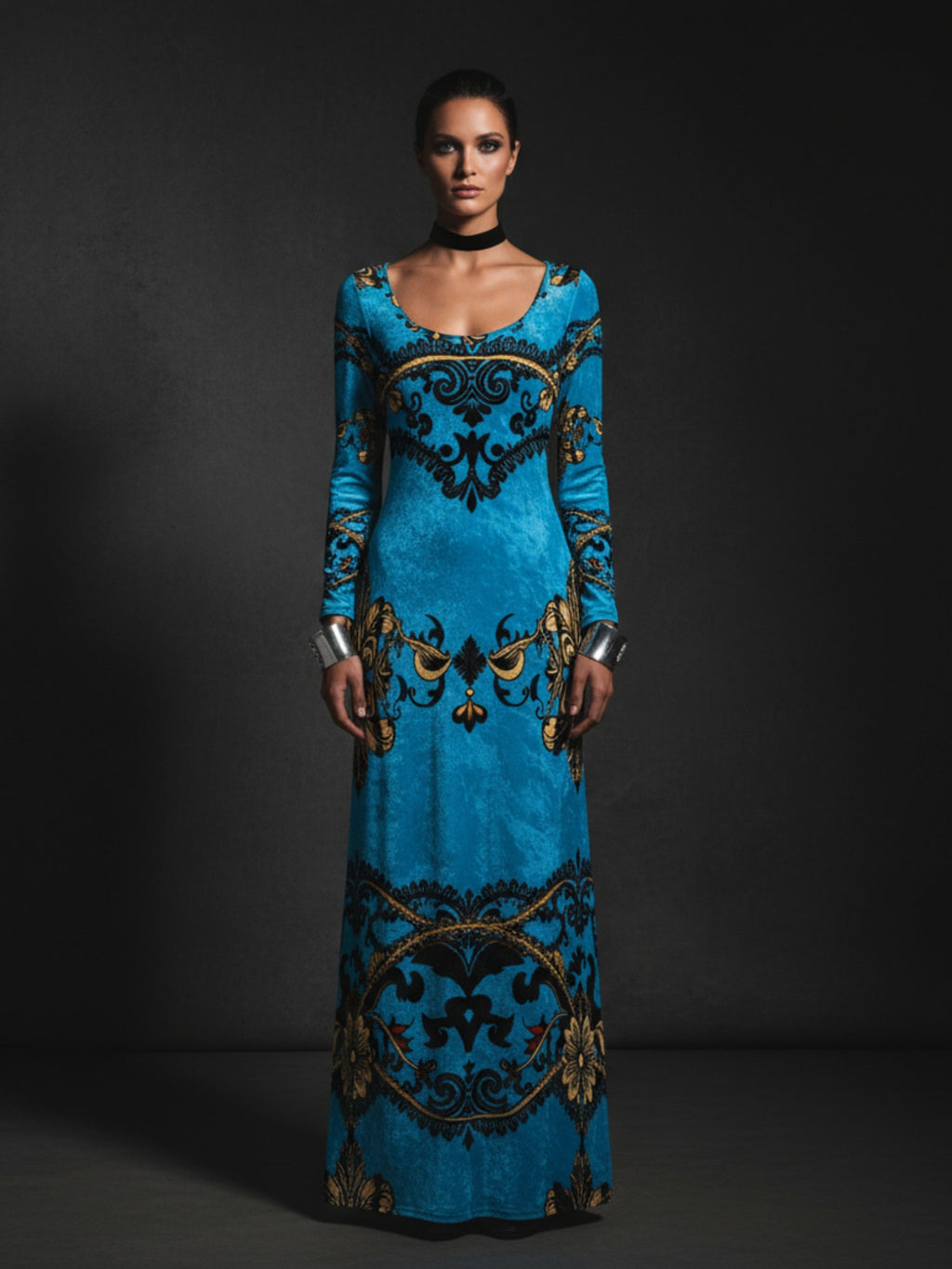 Angelic Blessings Shop baroque print velvet maxi dress in blue with gold and black ornate patterns