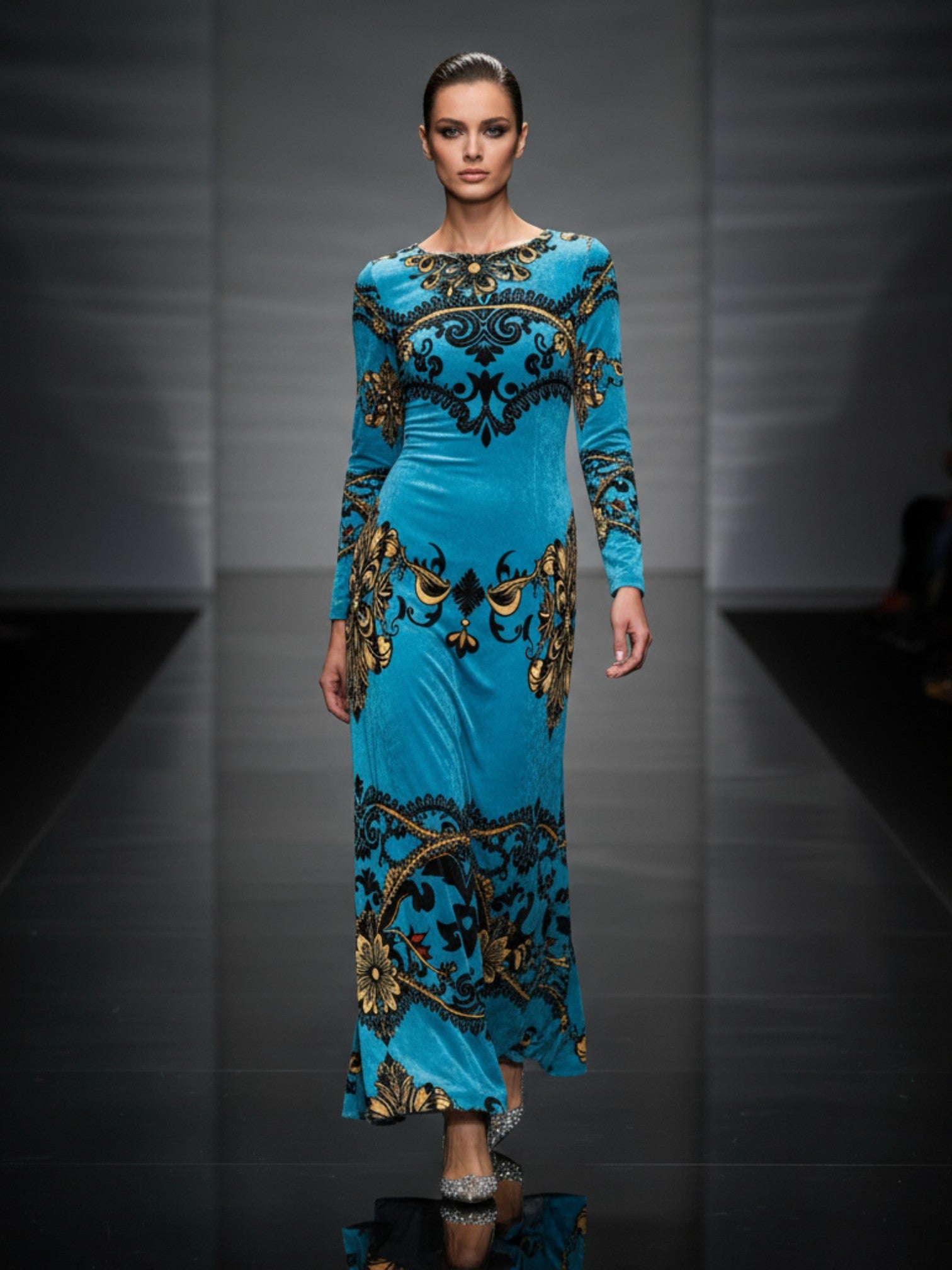 Angelic Blessings Shop blue baroque print velvet maxi dress with long sleeves and ornate gold patterns