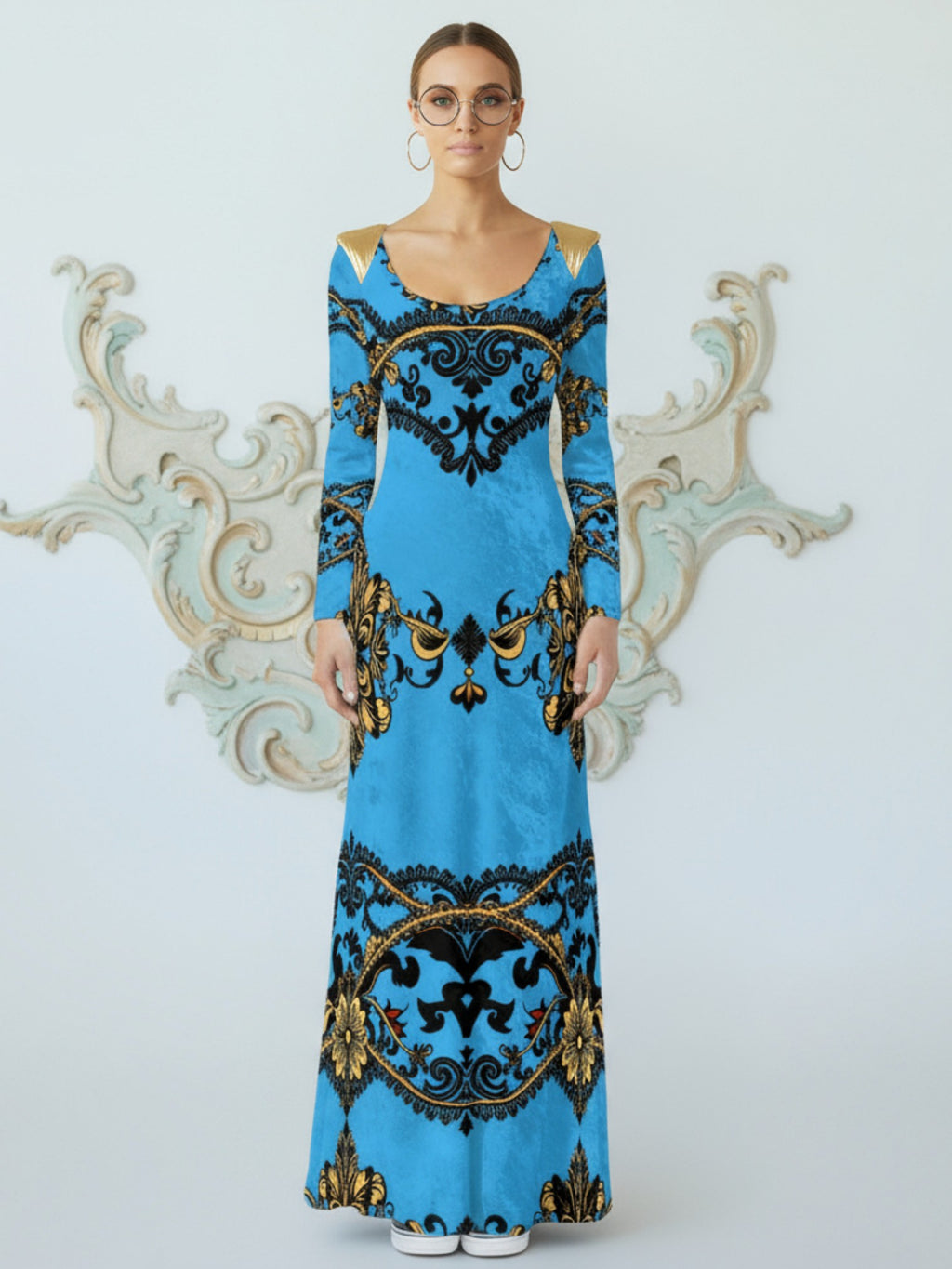 Angelic Blessings Shop baroque print velvet maxi dress in blue with black and gold ornate patterns