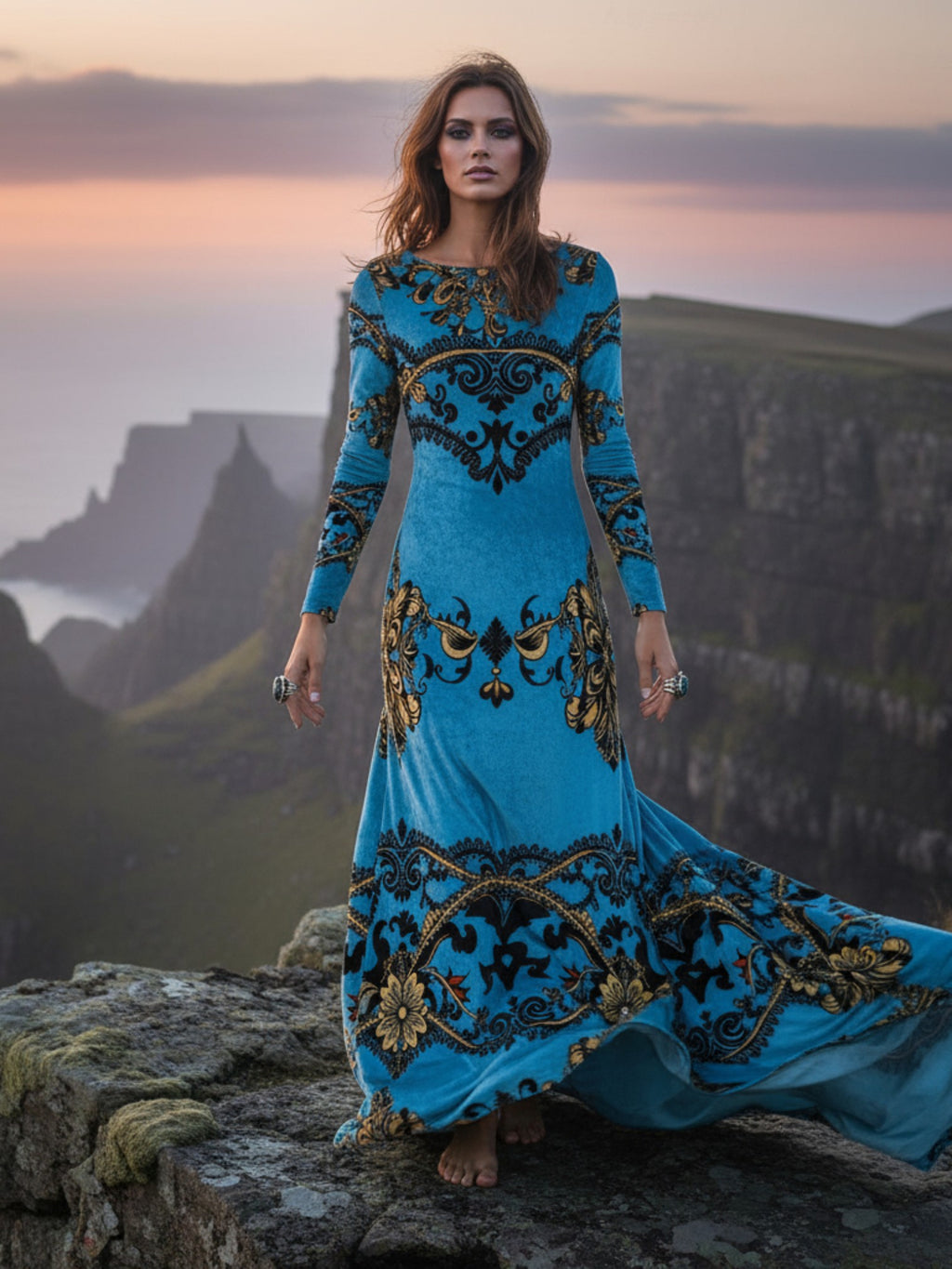 Blue baroque print velvet maxi dress with long sleeves worn outdoors near cliffs at sunset