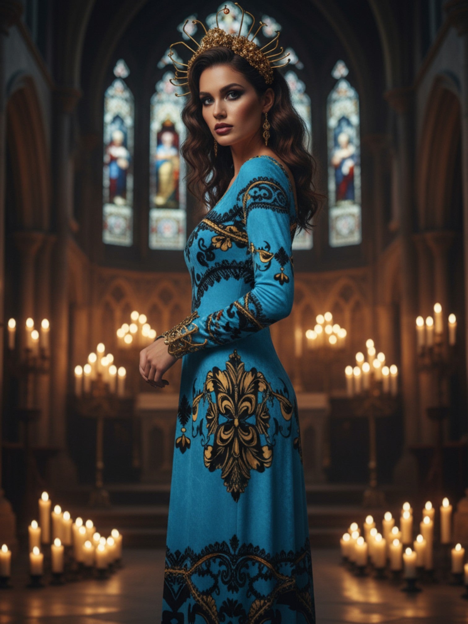 Angelic Blessings Shop baroque print velvet maxi dress in blue with gold patterns worn in candlelit gothic setting