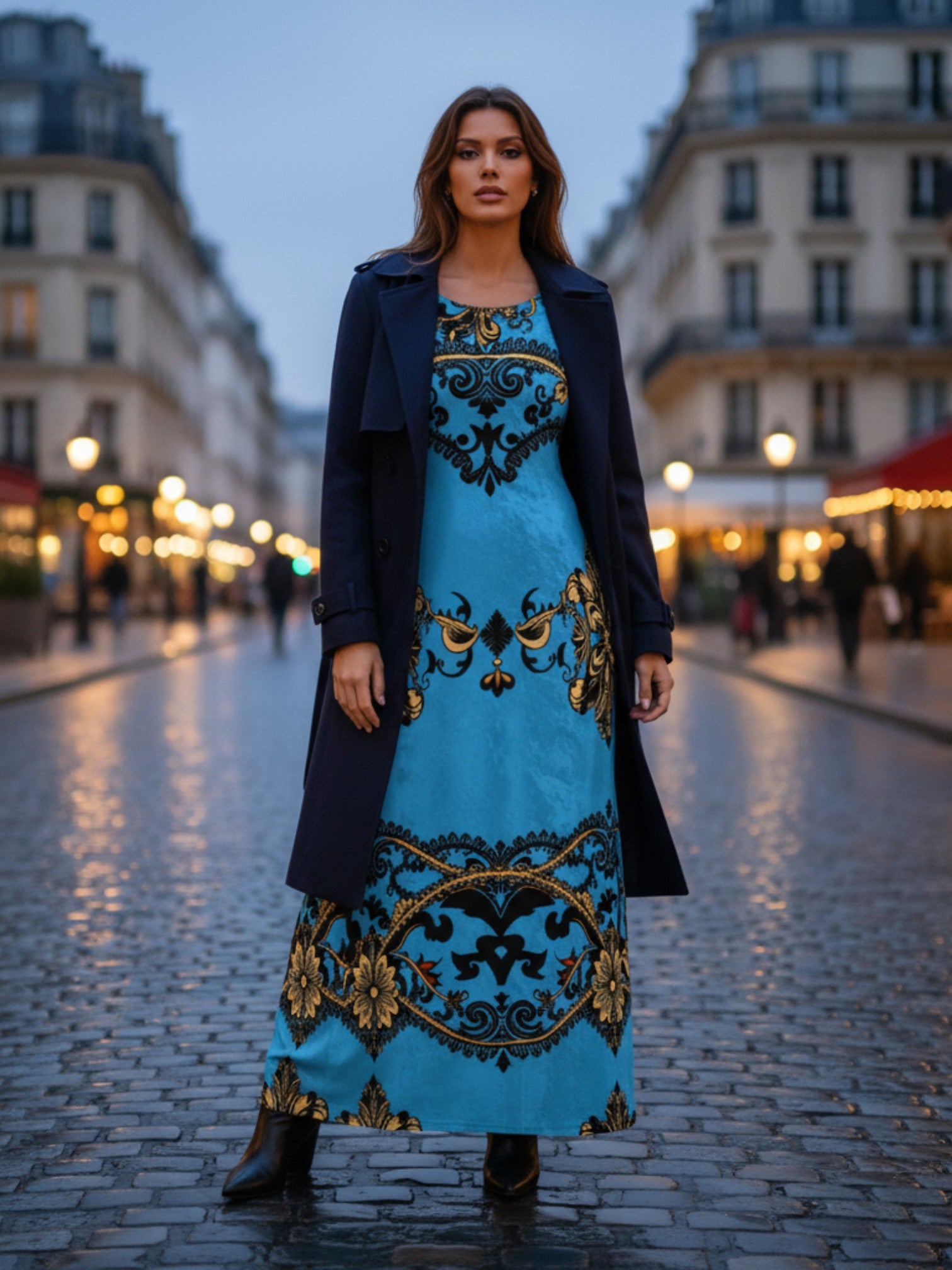 Woman wearing a baroque print velvet maxi dress in blue and gold with a navy coat on city street