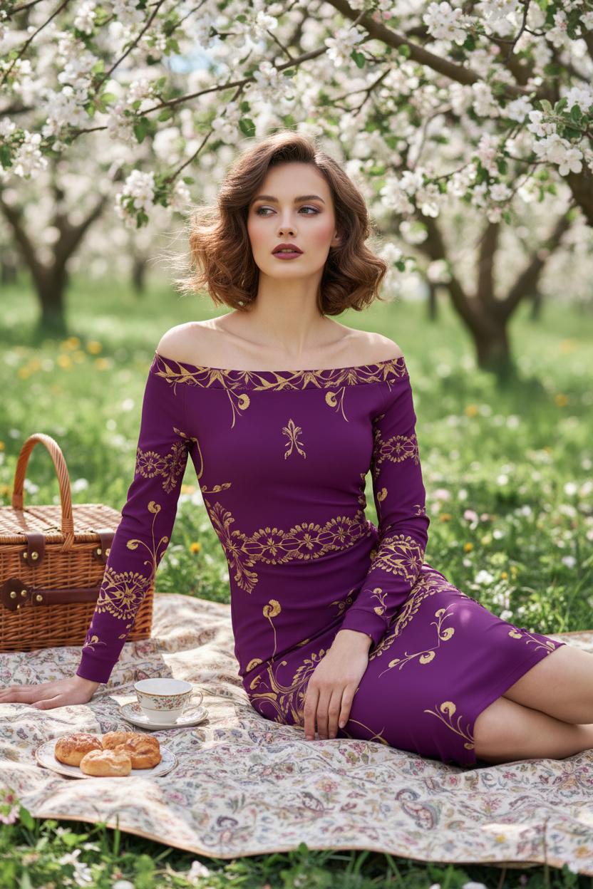 Stylish long-sleeve purple and gold baroque midi dress with elegant detailing