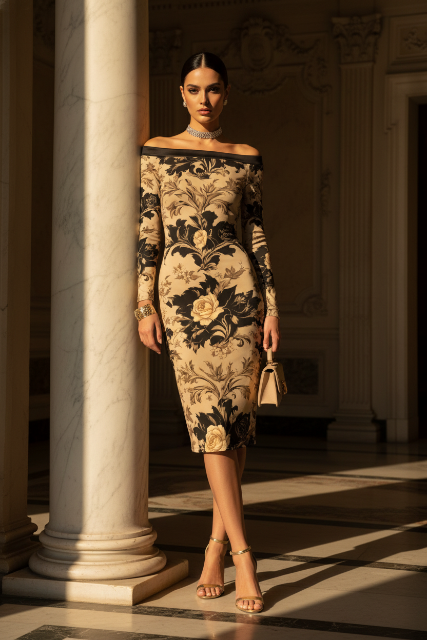Cinematic Baroque Off Shoulder Midi Dress S-6XL elegant evening outfit luxury style