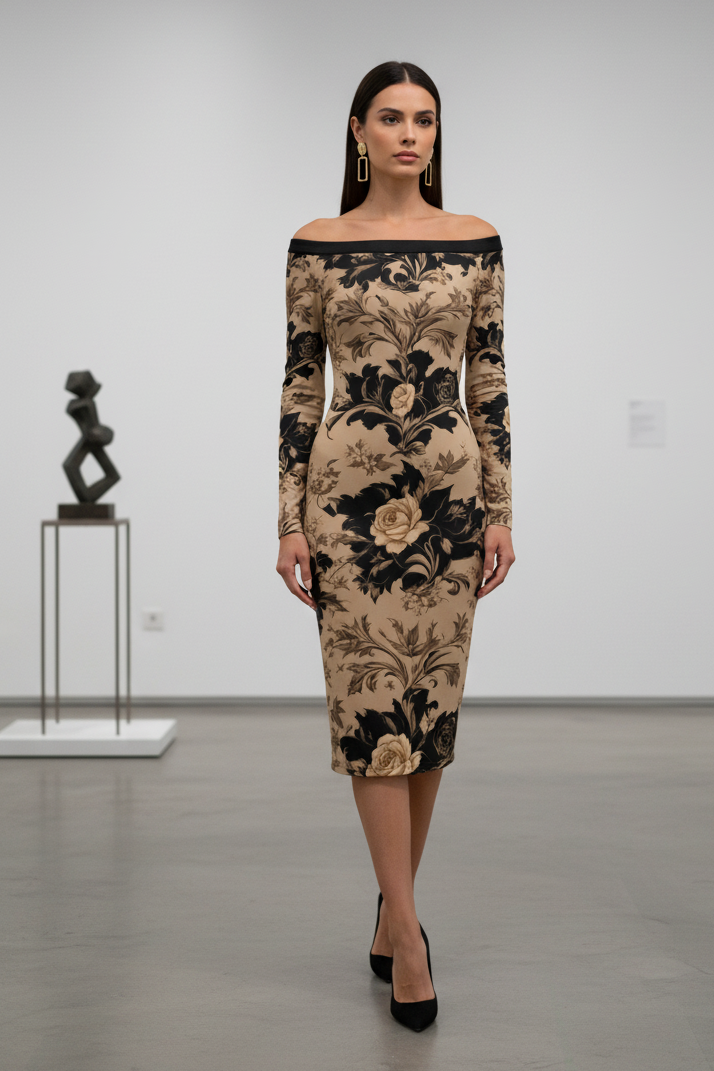 Cinematic Baroque Off Shoulder Midi Dress S-6XL elegant evening outfit with floral pattern