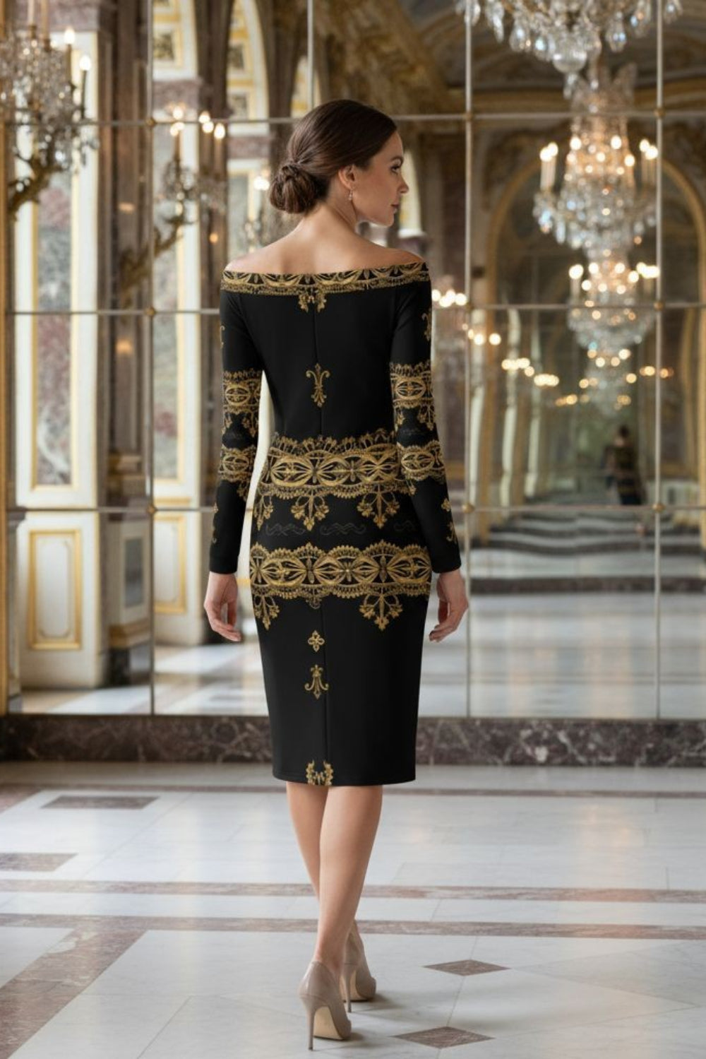 Czarna Regnum – Off-The-Shoulder Long Sleeve Midi Wrap Dress | Elegant Black & Gold | S–6XL - Angelic Blessings